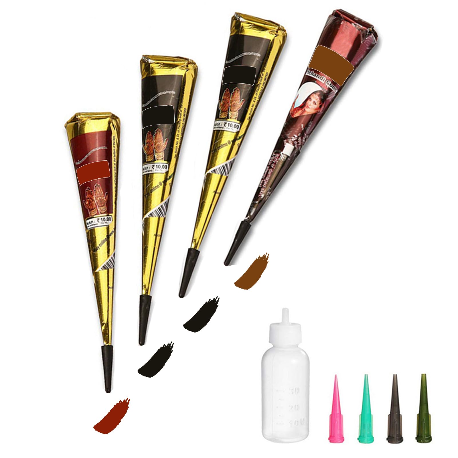 Temporary Tattoos Kit - 4Pcs Semi Permanent Tattoo Paste Cones with 3 Colors & 20Pcs Adhesive Stencils for DIY Body Art | Safe for Women, Men & Kids | Perfect for Summer Parties, Festivals & Costume Events