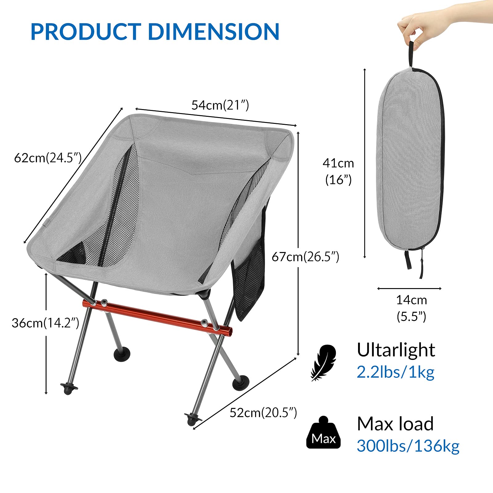 Ultralight Portable Camping Chair - Aviation Aluminum Frame Compact Folding Chair with 300lbs Capacity, Wide Feet & Storage Bag - Perfect for Outdoor Camping, Backpacking, Beach, Picnic, BBQ, Hiking, Travel and Lawn Activities (Gray)