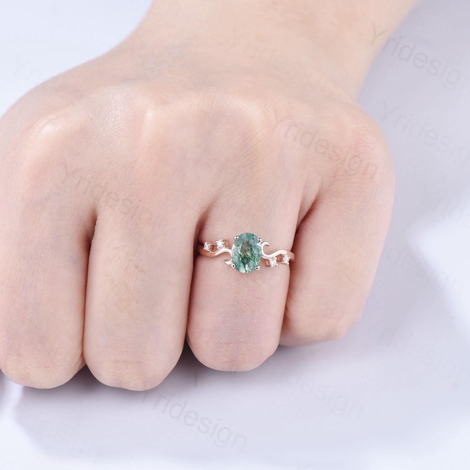 1.5CT Oval Natural Moss Agate Twist Engagement Ring in Sterling Silver & Rose Gold - Art Deco Wedding Band, Garden Jewelry, Birthstone Gift for Mom, Anniversary Present - Perfect for Proposals, Weddings & Special Occasions