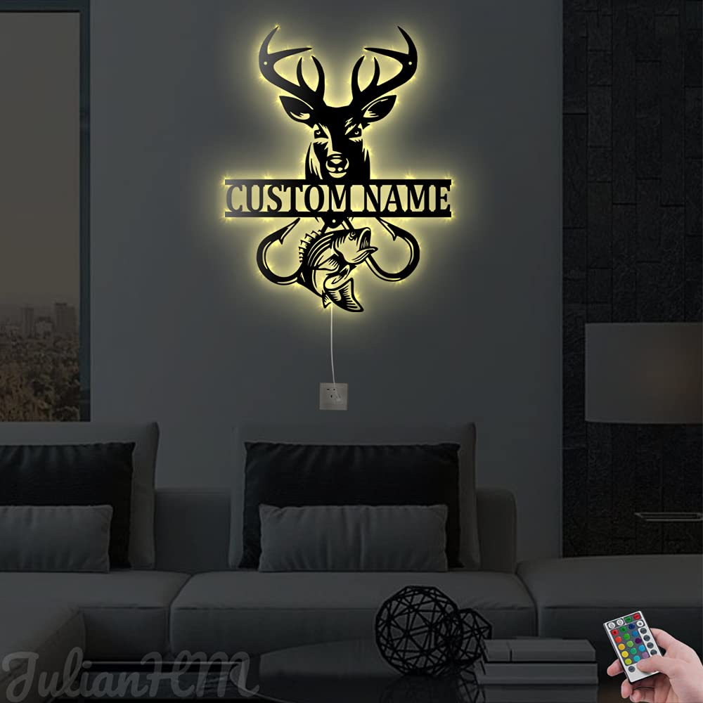 Personalized Deer Fish Hook Monogram Metal Wall Decor with LED Lights - Custom Deer Hunting Wall Art & Name Sign for Living Room, Bedroom, Cabin - 18x18 Inches Rustic Home Decor for Hunters & Outdoor Enthusiasts