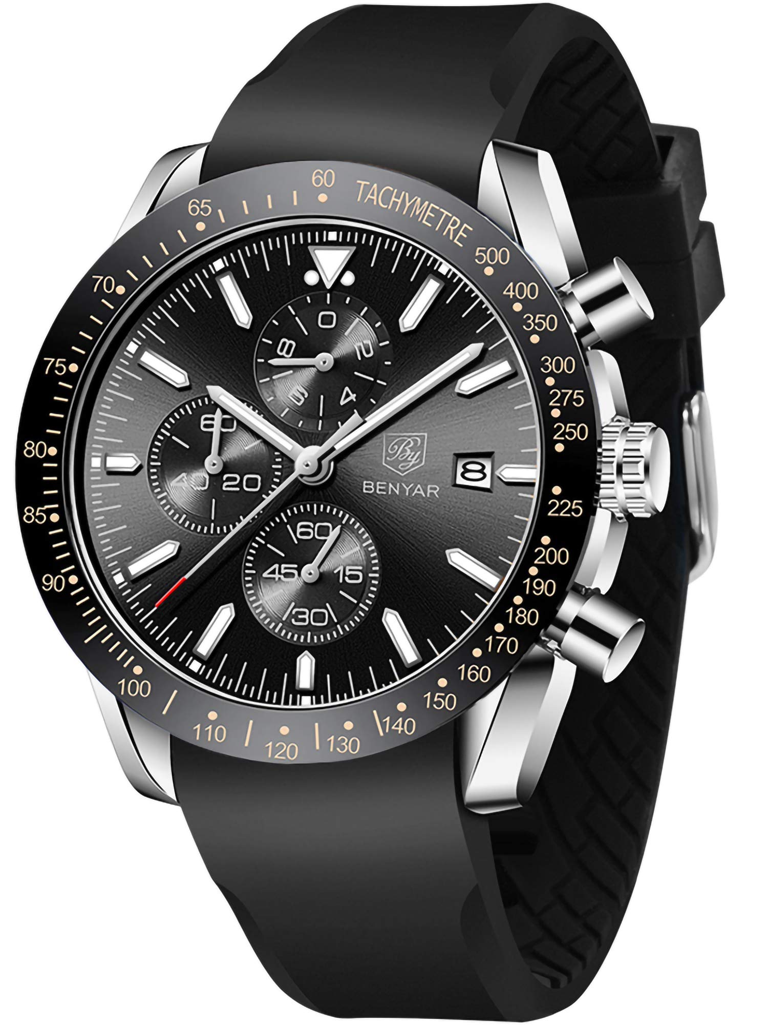 BENYAR Men's Quartz Chronograph Waterproof Watch - Business Casual & Sport Silicone Wristwatch for Men - Father & Son Matching Gift - Black, Blue, Rose Gold - Ideal for Office, Daily Wear & Outdoor Activities