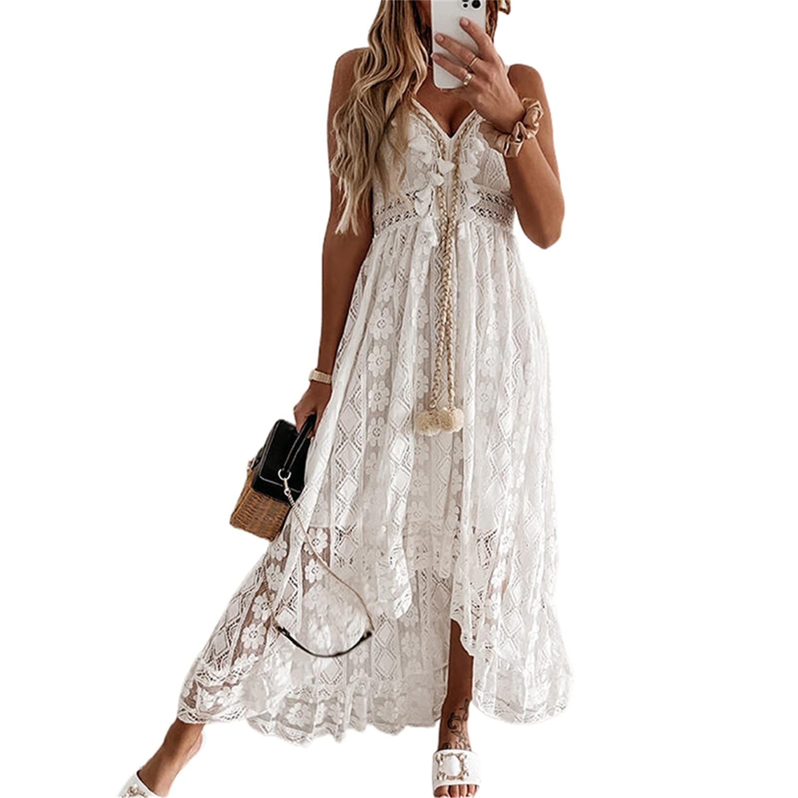 Women's Lace Hem Maxi Dress - Deep V-Neck Sleeveless Backless Summer Beach Dress for Women, Elegant Flowy Skirt for Beach Vacation, Pool Party & Date Night Outfits
