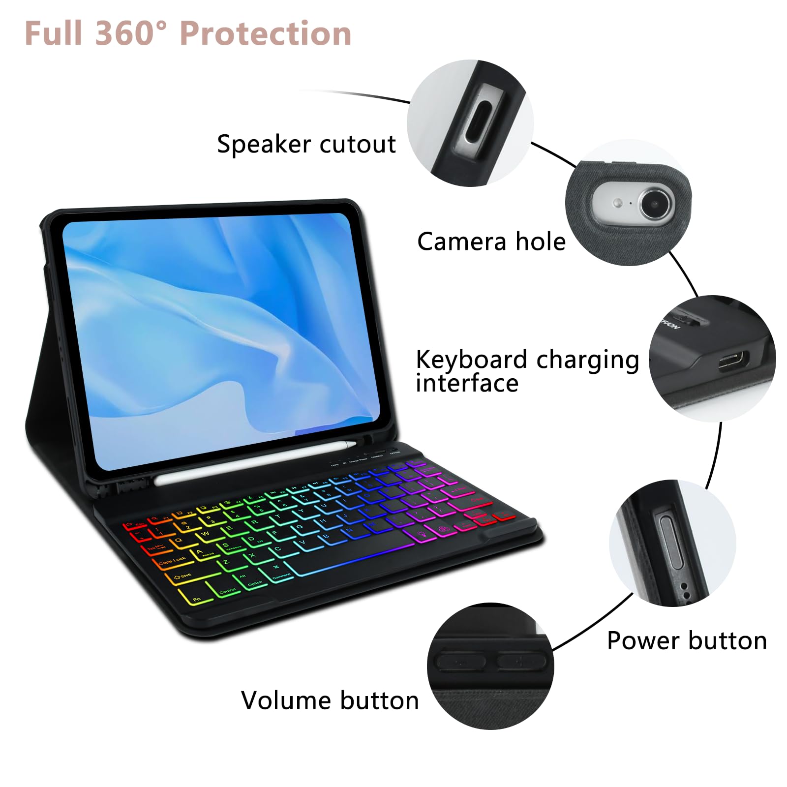 COO Backlit Wireless Keyboard Case for iPad Air 5th/4th Gen & iPad Pro 11 (2018-2022) - 7 Color LED, Detachable Keyboard with Apple Pencil Holder - Perfect for Work, Study & Travel
