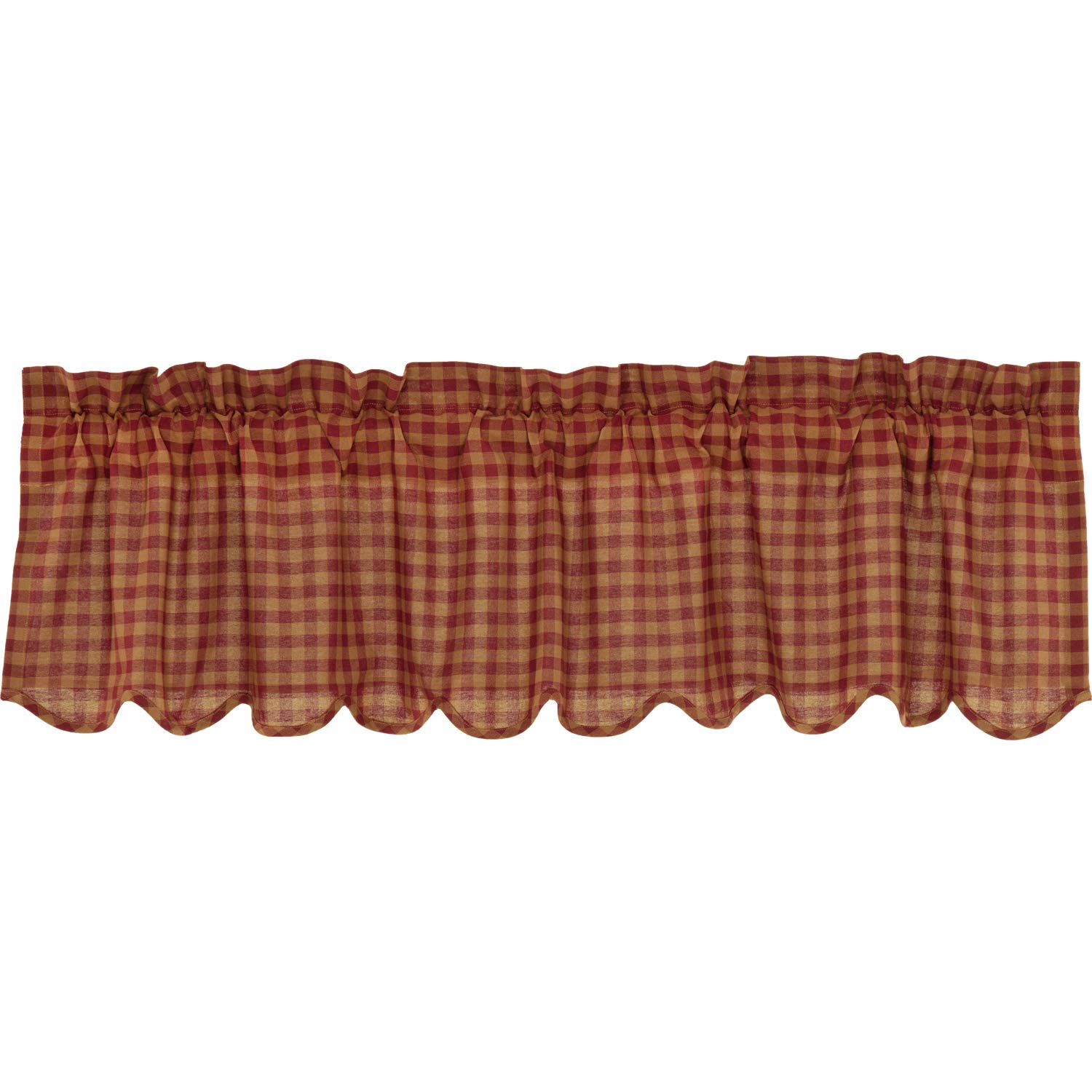 VHC Brands Check Cotton Primitive Kitchen Curtains - Rod Pocket Valance 16x60 Inches, Burgundy Red - Farmhouse Style Window Treatment for Cozy Country Kitchen Decor