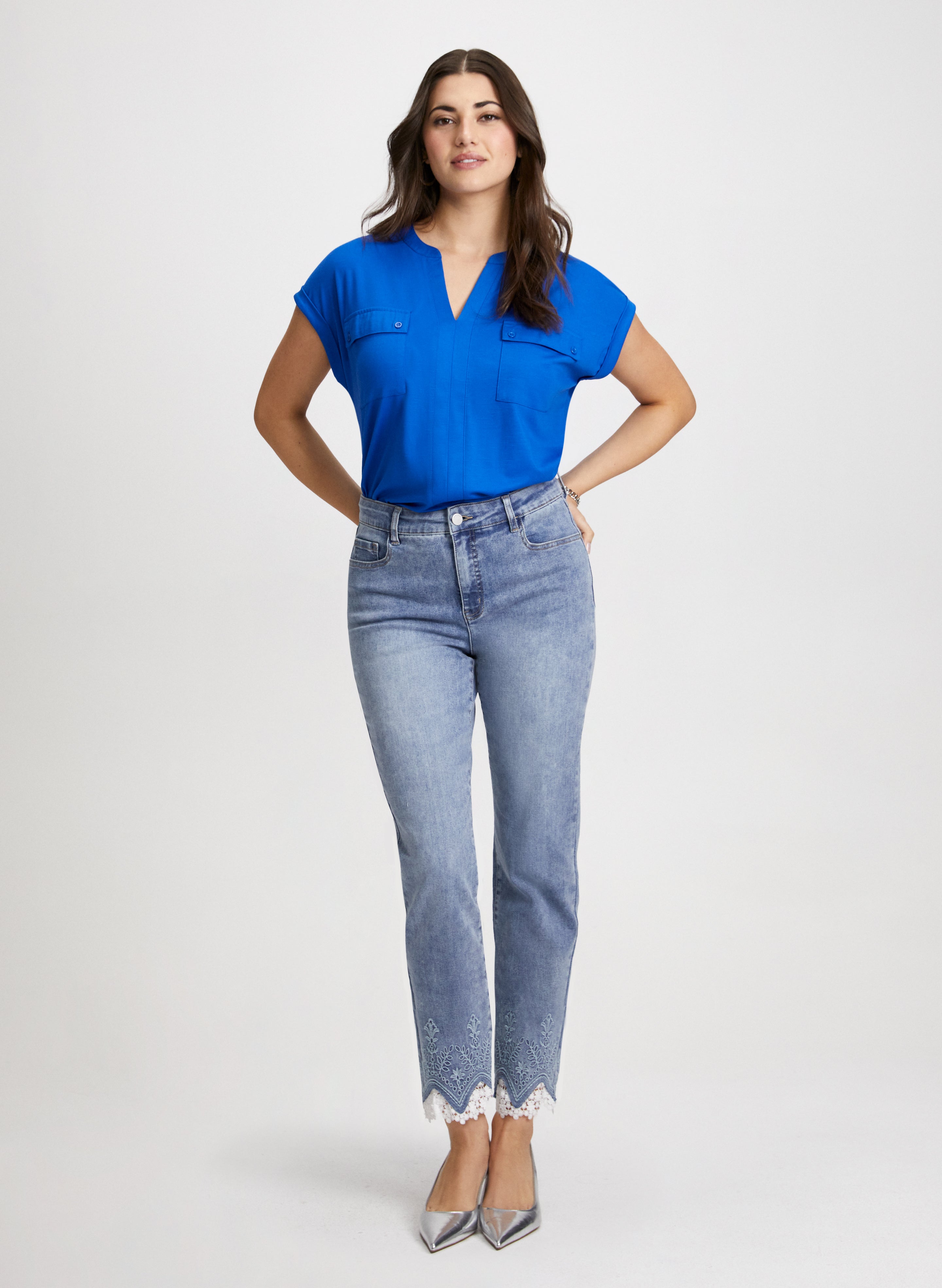 Women's Flap Pocket Detail Top & Lace Hem Jeans - Stylish Casual Outfit for Date Night or Weekend Wear