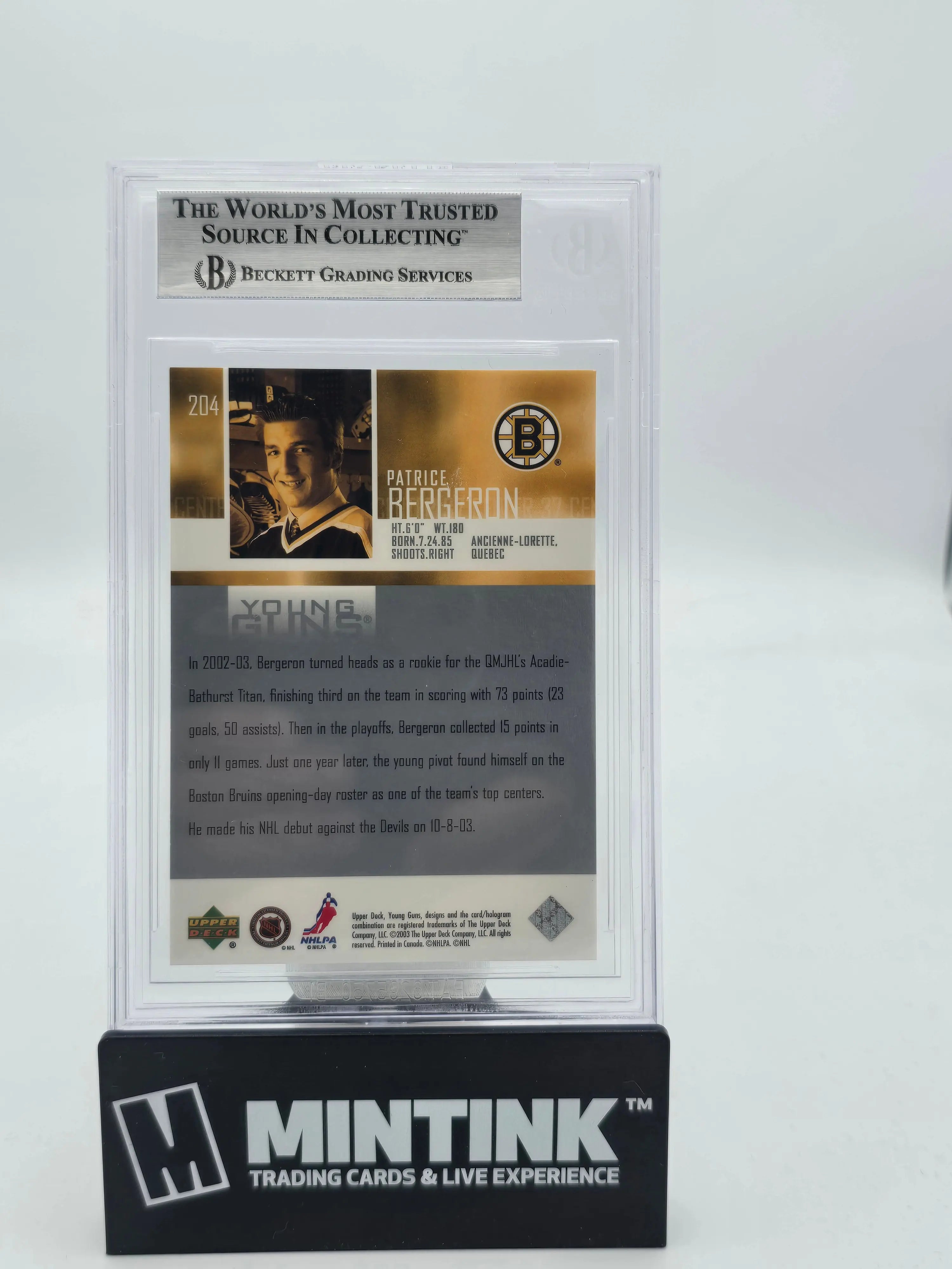 2003-04 Upper Deck Patrice Bergeron Young Guns Rookie Card BGS 9 Mint - Perfect for Hockey Collectors & Boston Bruins Fans - Display in Home Office or Man Cave