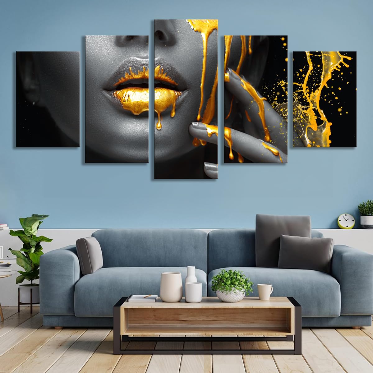 Abstract Black African People & Gold Glitter Wall Art Canvas Prints - Set of 5 Modern Artwork for Living Room, Bedroom, Office & Home Decor | Perfect for African-Themed Interiors & Contemporary Spaces