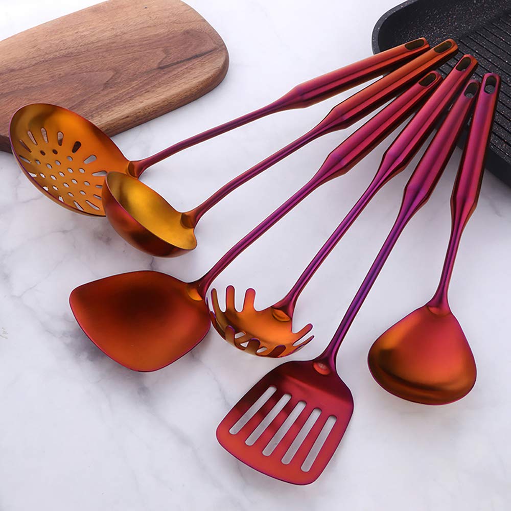 Premium 18/8 Stainless Steel Kitchen Utensil Set - 10 Piece Cooking Tools with Long Handles (Orange Red) | Non-Slip Grip & Heat Resistant | Ideal for Frying, Baking & Everyday Cooking