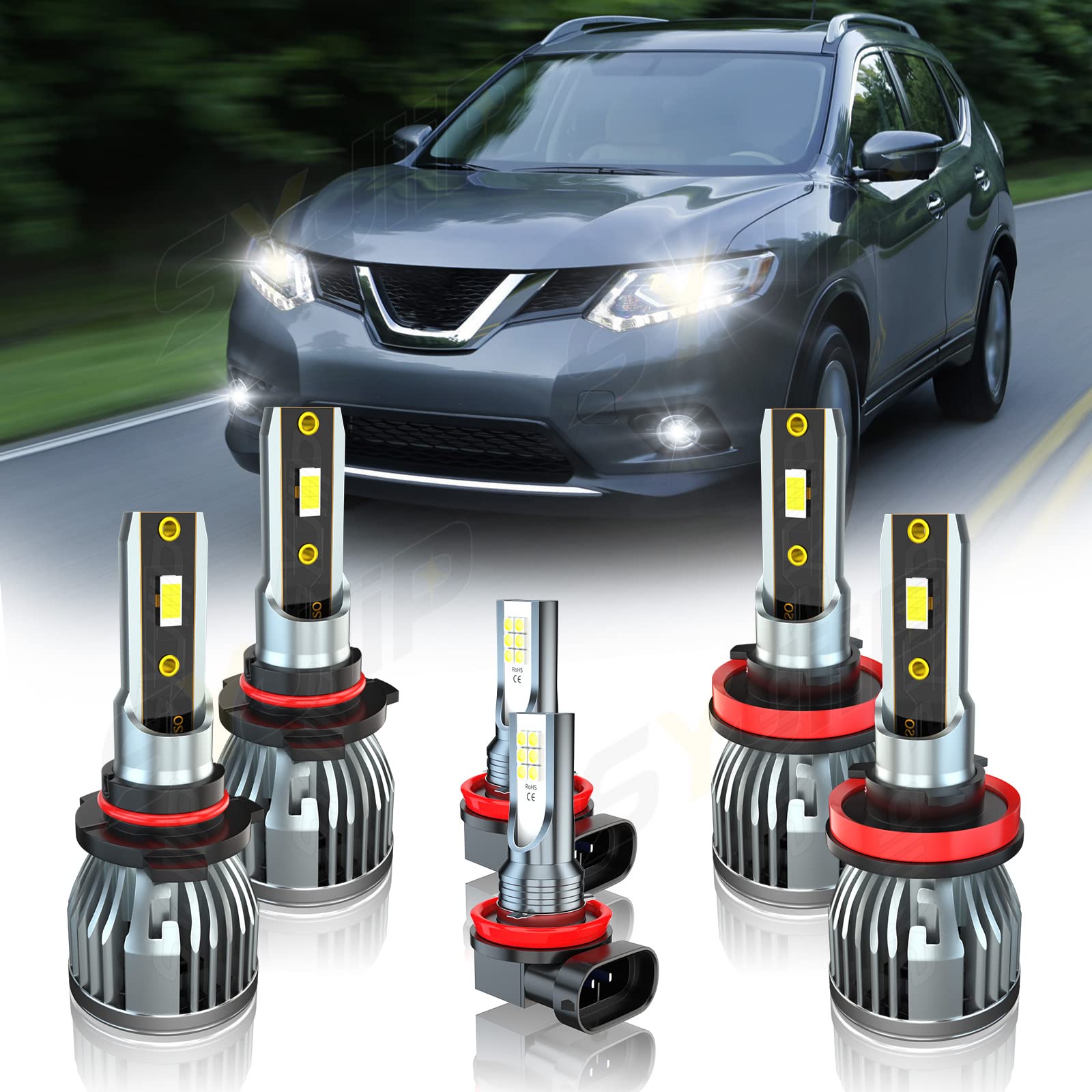 SYJIIP 9005/H11 LED Headlight Bulbs for Nissan Rogue 2008-2014 - High/Low Beam & Fog Light Conversion Kit, 6000K Cool White, Plug & Play, IP67 Waterproof (Pack of 6) - Perfect for Night Driving & Off-Road Adventures