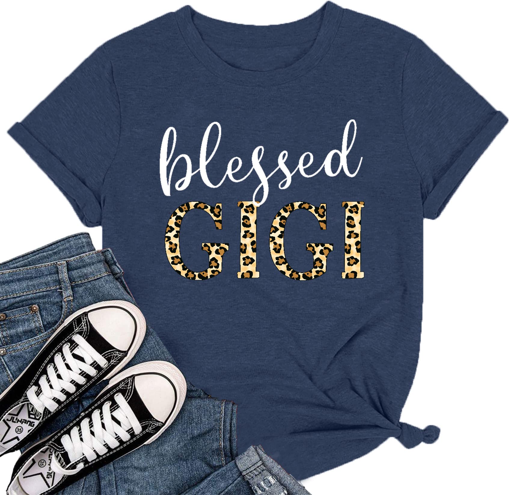 Blessed Gigi T-Shirt for Grandma - Women's Leopard Print Graphic Tee - Cute Mimi Gigi Shirt for Grandmothers - Perfect for Family Reunions & Birthday Gifts