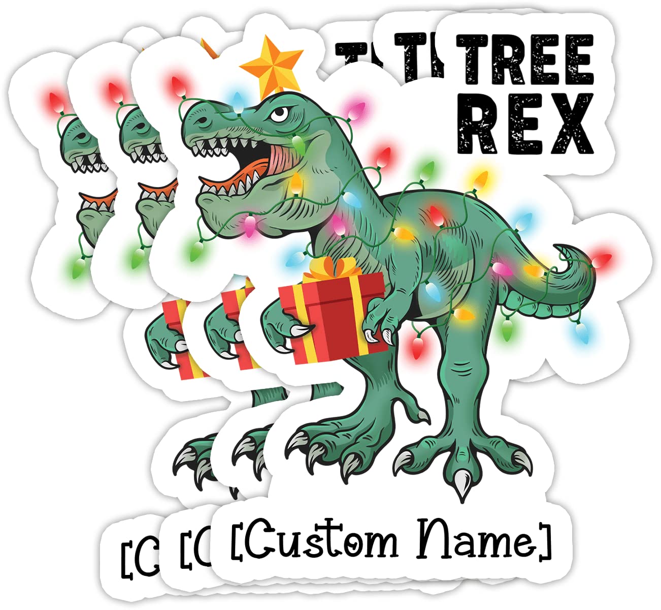 Custom Christmas Tree T-Rex Holding Present Vinyl Stickers - 3 Pack 3x4 Inch Waterproof Personalized Dinosaur Stickers - Perfect Gift for Dinosaur Lovers, Holiday Decor, Laptop Decals & Christmas Party Favors