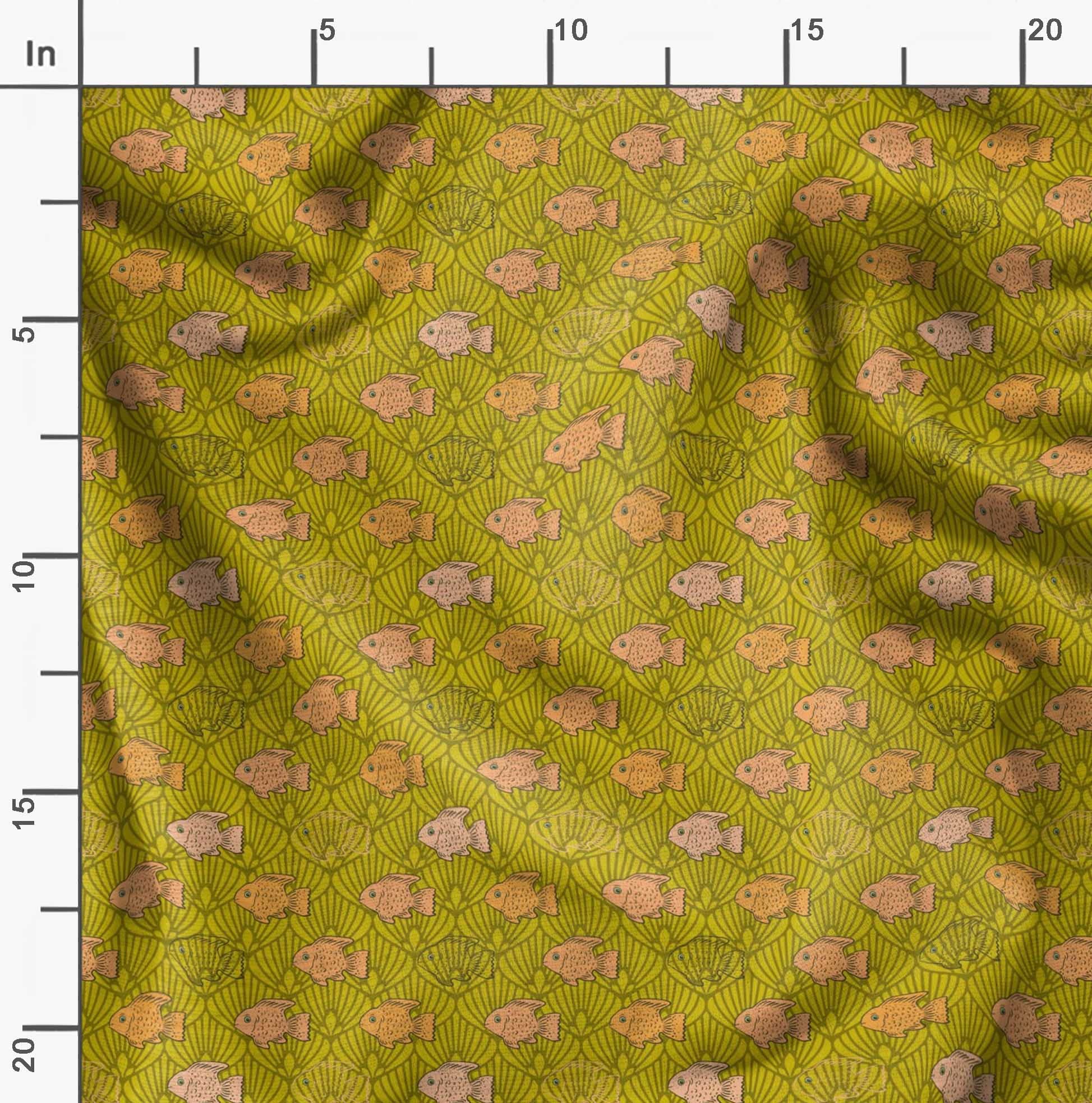 Soimoi Moss Georgette Brown Fabric by The Yard - 42 Inch Wide Fish & Shells Ocean Print Coastal Design - Lightweight Draping Material for Dresses, Scarves & Home Decor