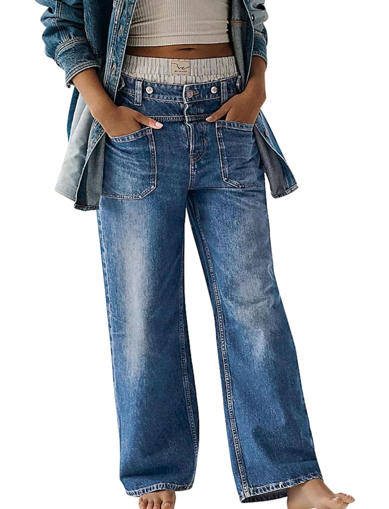 Women's Wide Leg Jeans - Mid Rise Stretchy Straight Leg Pants with Cuffed Hem & Pockets | Comfortable Casual Wear for Everyday Outfits, Work & Weekend Style