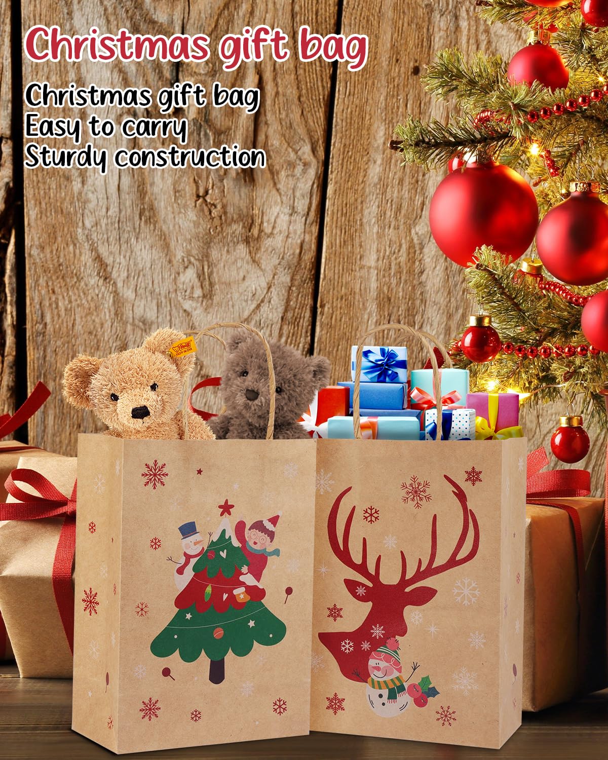 24 Pack Christmas Gift Bags - 6 Festive Designs Kraft Paper Gift Bags with Handles (8.26x5.90x3.14 Inches) - Reusable Holiday Present Bags for Xmas, Birthday, Party Favors & Gift Wrapping