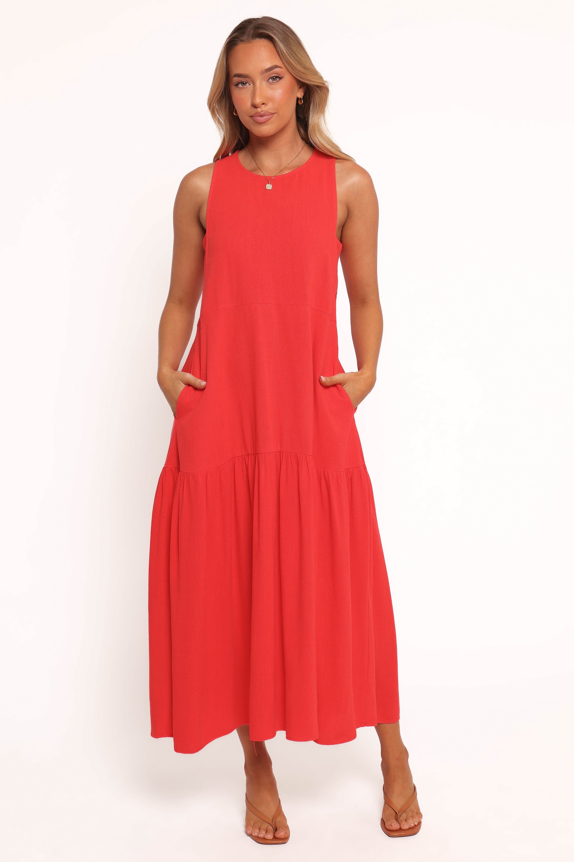 Almudena Midi Dress for Women - Elegant Red Flowy Dress for Party, Wedding & Special Occasions