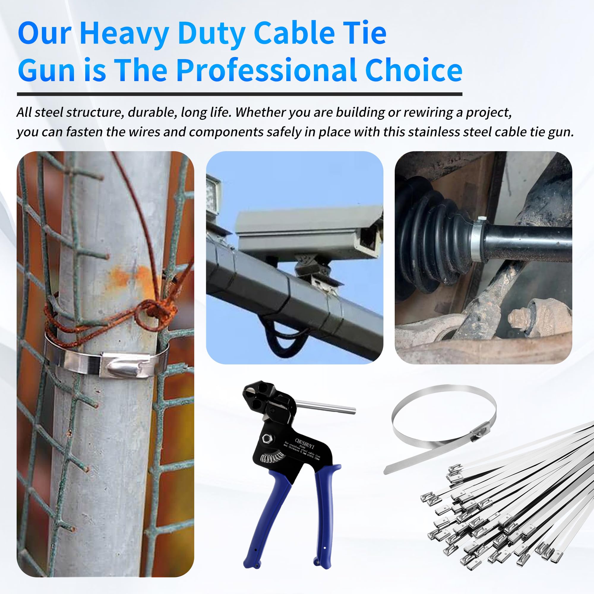 Heavy Duty Stainless Steel Zip Tie Gun Kit - Adjustable Metal Cable Tie Tool with Self-Locking Fastening & Cutting Function - Includes 100pcs CHUSHUYI Steel Zip Ties - Perfect for Outdoor, Industrial, Automotive, and Electrical Wiring Applications