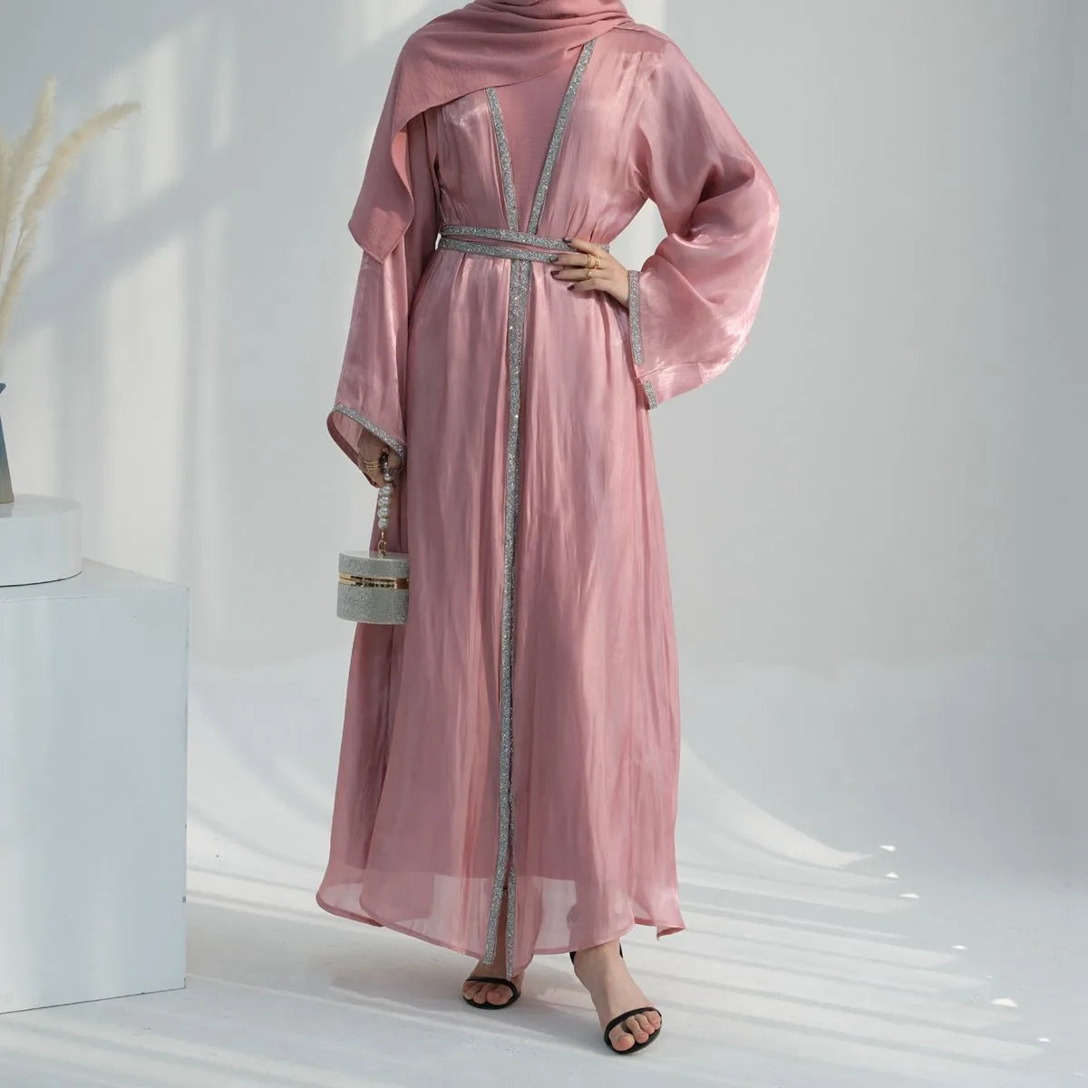 2-Piece Hotfix Rhinestone Sparkling Open Abaya Dress Set with Inner Dress - Perfect for Weddings, Parties & Special Occasions