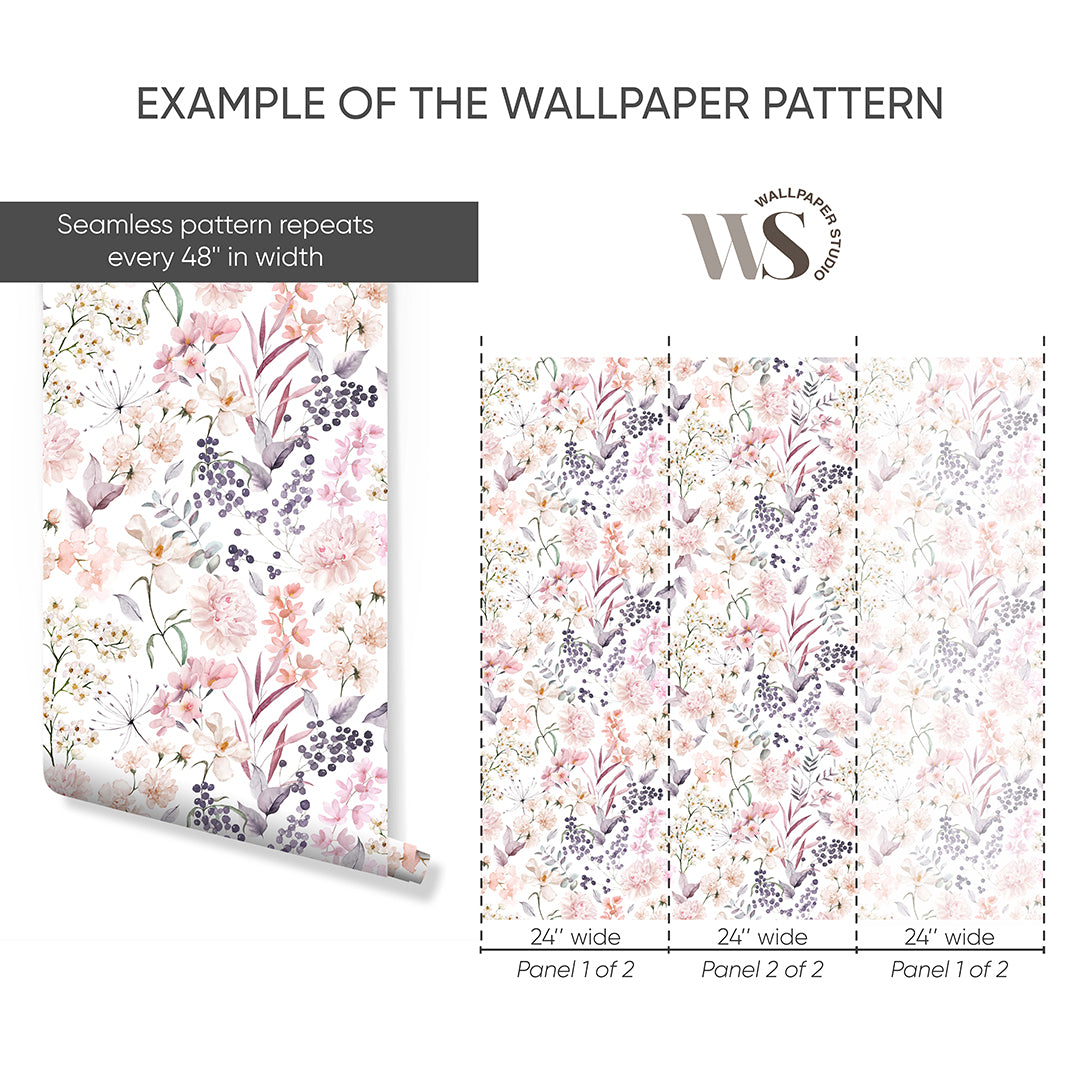 Pink Lilac Flower Bouquet Wallpaper S062 - Floral Peel and Stick Removable Wallpaper for Bedroom, Living Room, Nursery Decor