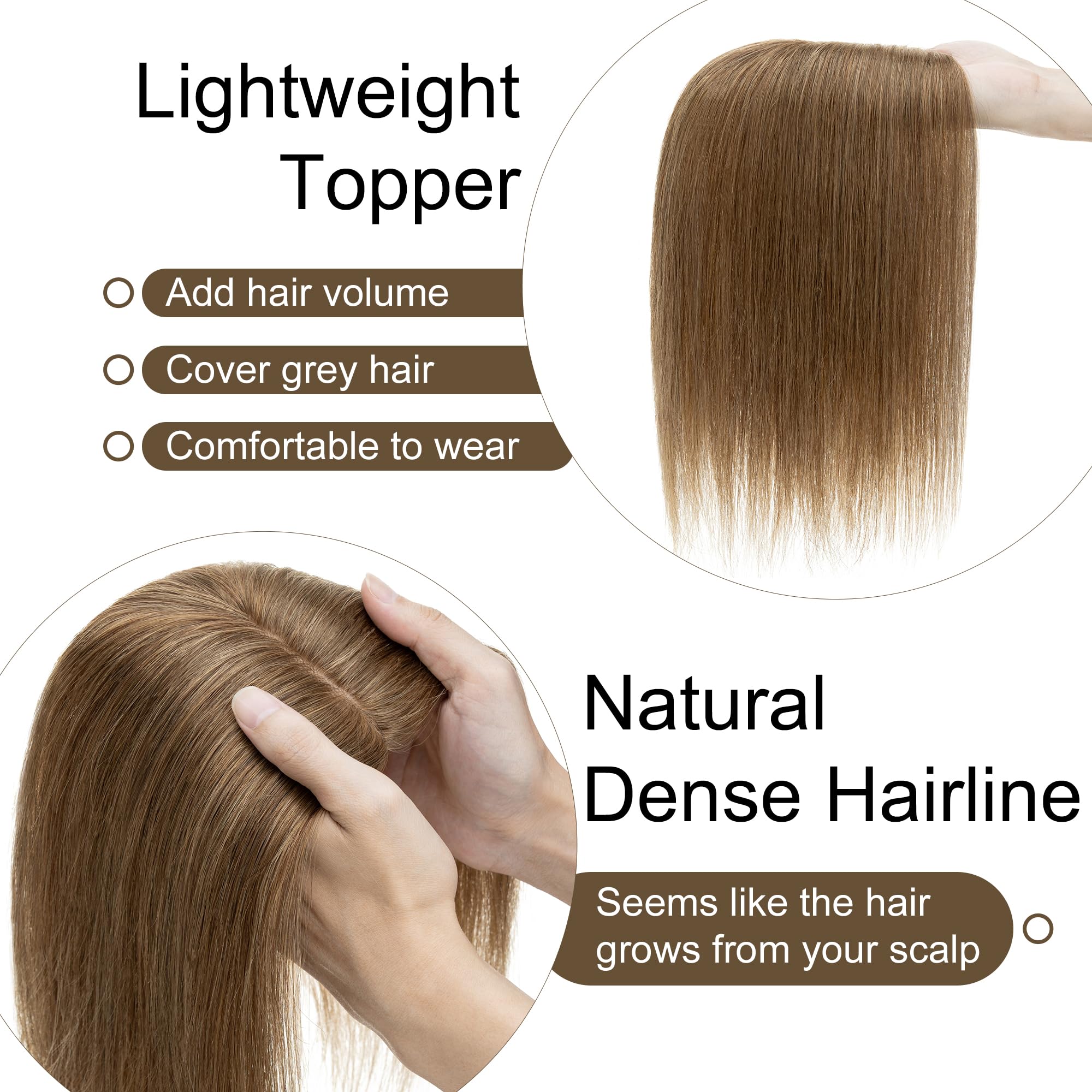 SEGO 10x12cm Silk Base Human Hair Toppers for Women - 130% Density No Bangs Clip-in Top Wiglet - 100% Remy Human Hair Pieces for Thinning Hair (16 Inch, Light Brown) - Perfect for Daily Wear, Special Occasions & Hair Loss Solutions