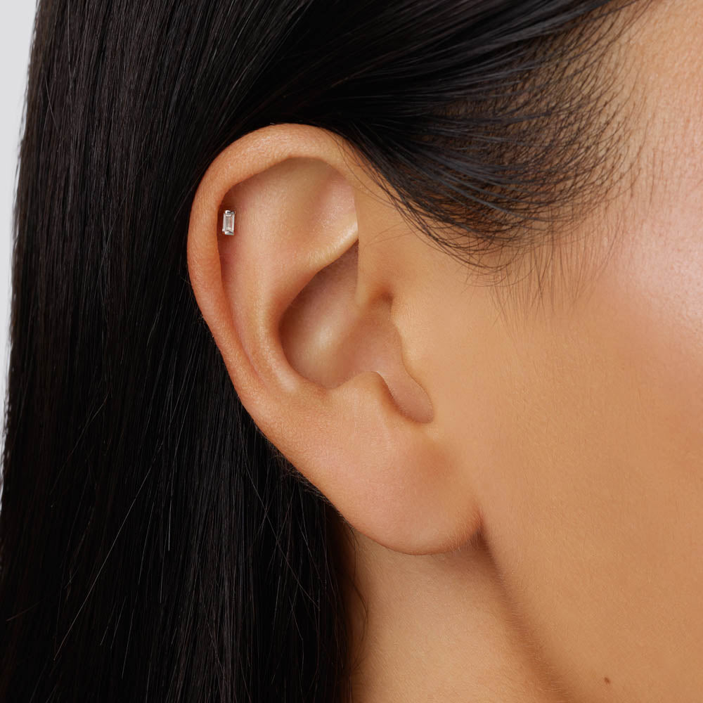 White Sapphire Baguette Helix Single Stud Earrings in Sterling Silver - Perfect for Everyday Wear & Special Occasions