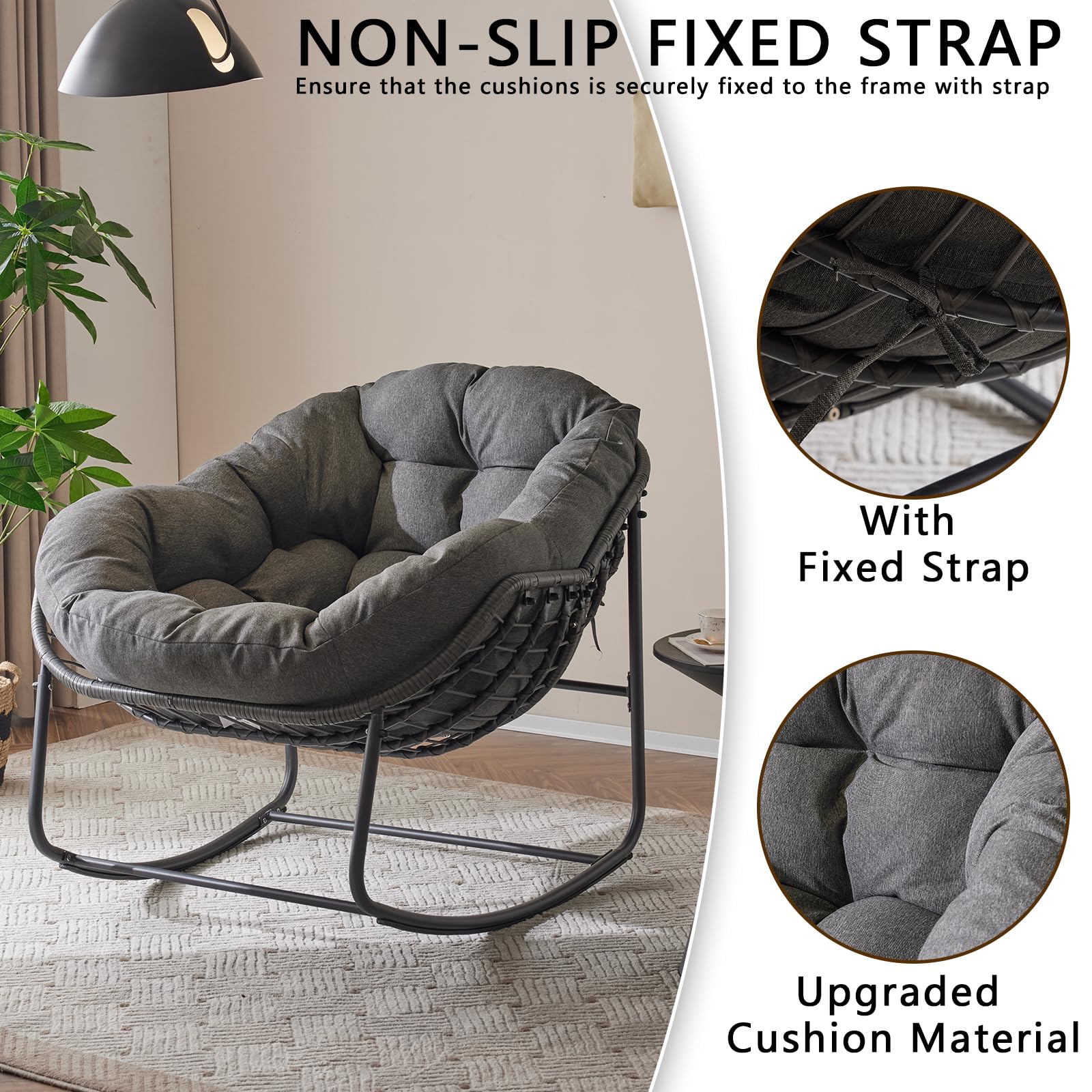 Papasan Rocking Chair with Thick Cushion - Indoor/Outdoor Comfy Patio Chair with Upgraded Steel Frame & Oversized Wicker Design - Perfect for Front Porch, Garden, Bedroom, Living Room (Grey) - Ideal for Relaxing, Reading & Sunbathing