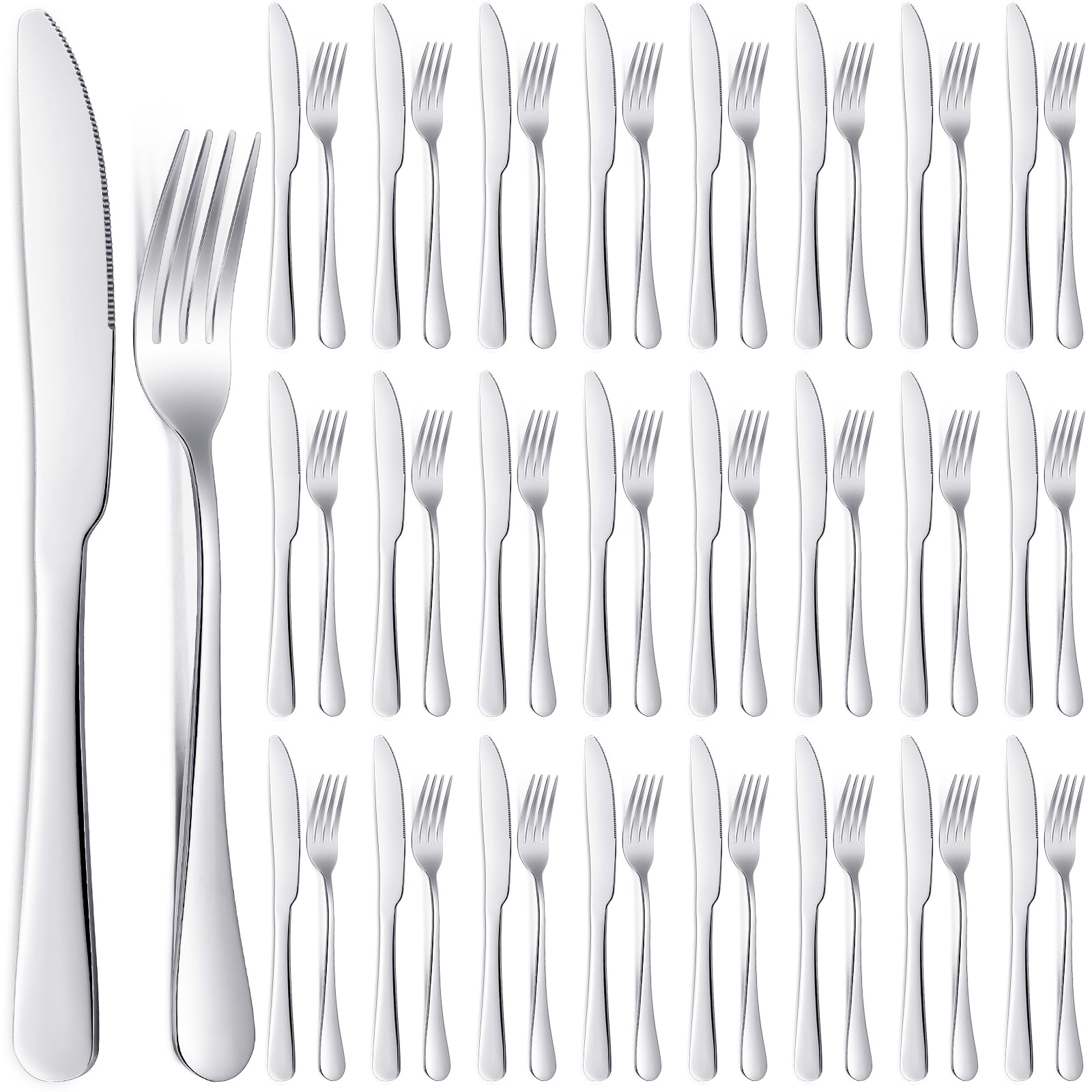 50-Piece Stainless Steel Flatware Set - Dinner Forks & Knives - Silverware Cutlery for Kitchen, Restaurant, Catering - Elegant Shiny Silver (8.07