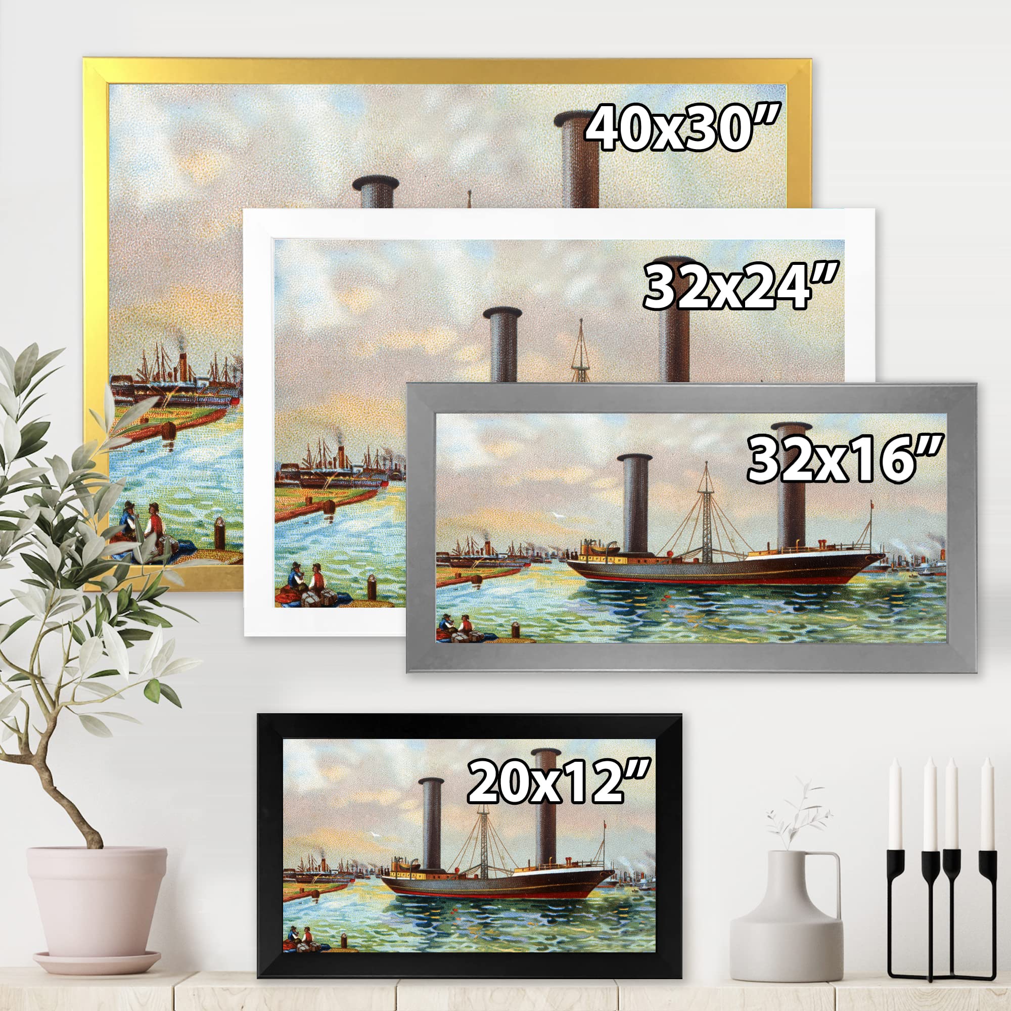 DesignQ Ancient Boat Leaving The Harbor Framed Nautical Wall Art - Coastal Home Decor for Living Room, Bedroom & Office