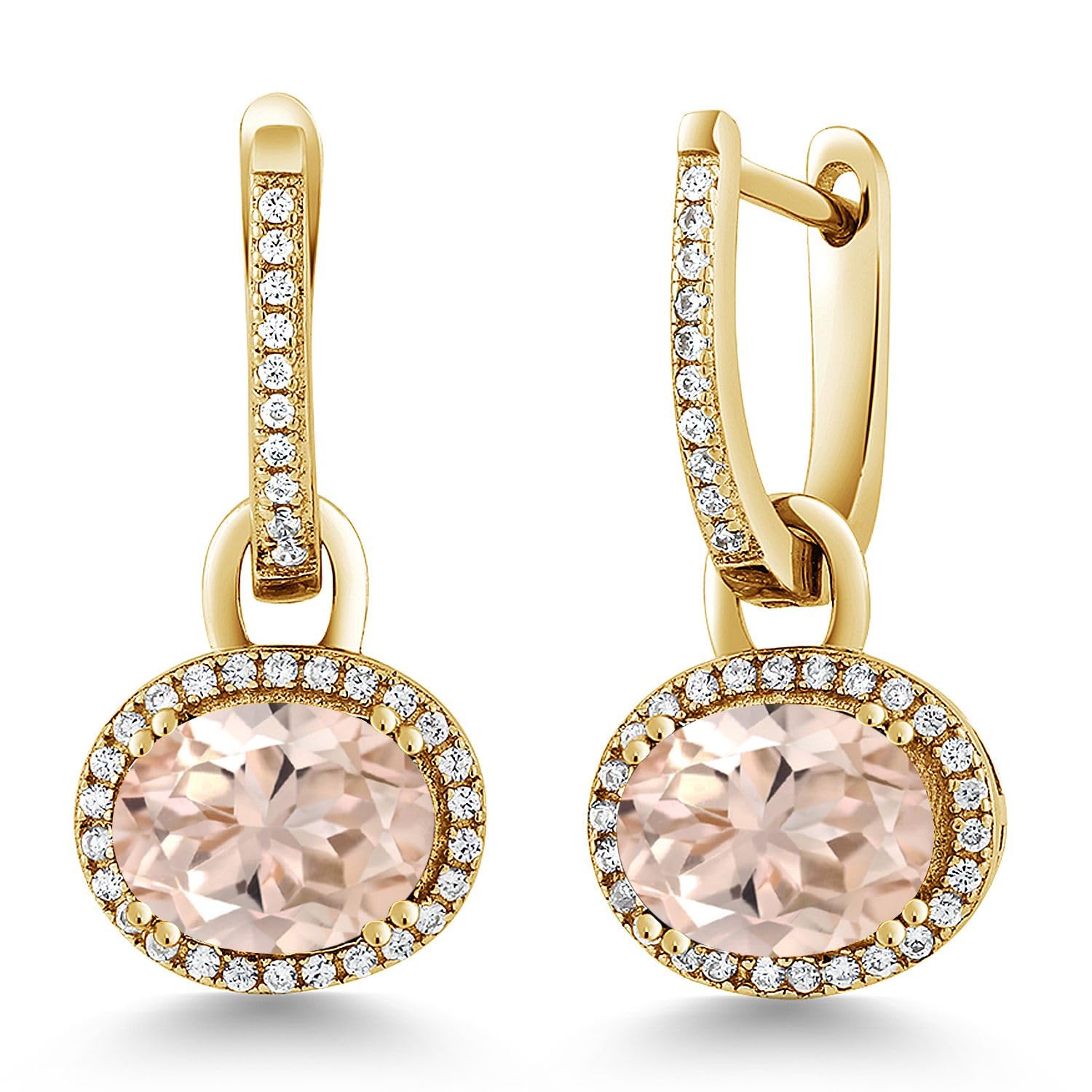 Gem Stone King 18K Yellow Gold 9X7MM Oval Gemstone Birthstone Halo Leverback Earrings for Women | Elegant Oval Drop Dangle Earrings | Perfect for Weddings, Anniversaries & Special Occasions