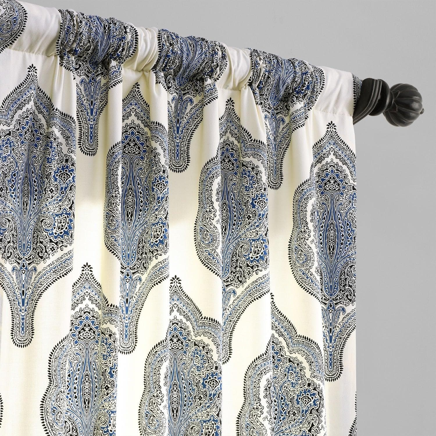 Arabesque Blue Emblem Printed Cotton Blackout Curtains for Living Room & Bedroom - Elegant Window Treatment for Light Blocking & Privacy