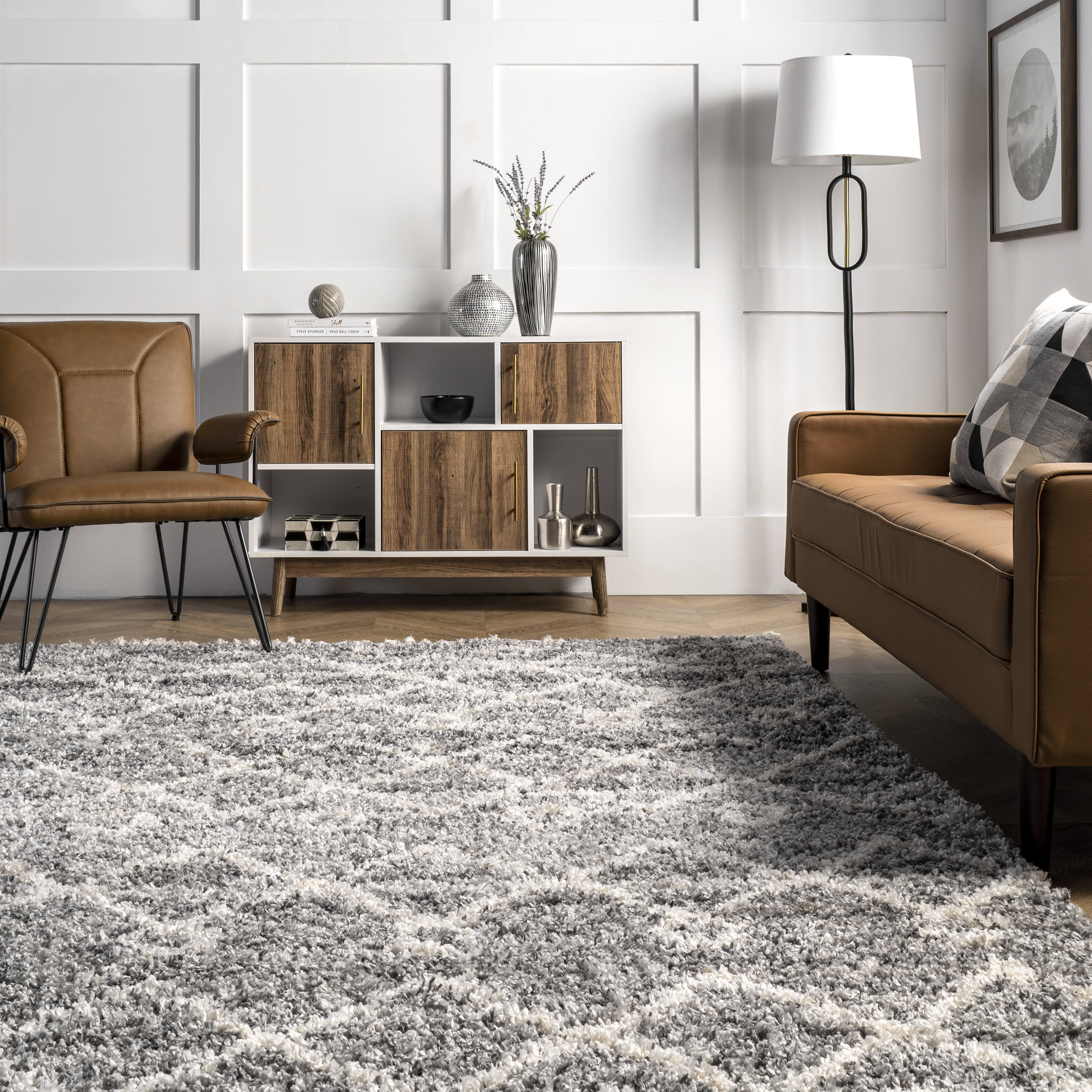 Luxury Diamond Moroccan Shag Area Rug with Tassels - Soft Plush Grey Bohemian Carpet for Living Room, Bedroom & Nursery Decor