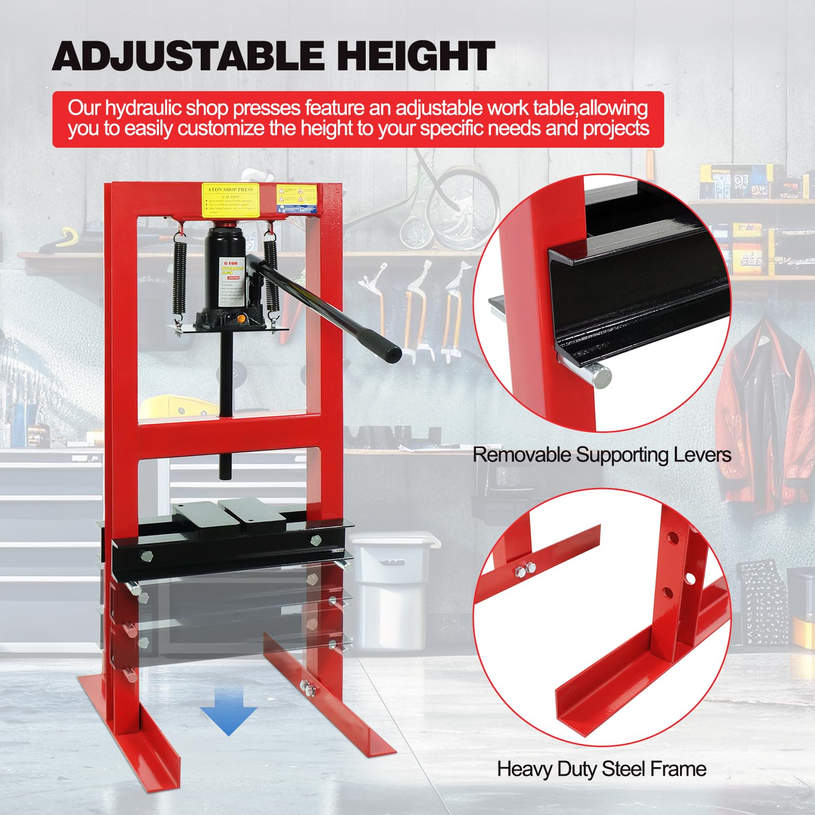 6 Ton Hydraulic Press - H-Frame Garage Floor & Benchtop Shop Press with Adjustable Plates for Metalworking, Woodworking & Auto Repair (Red)