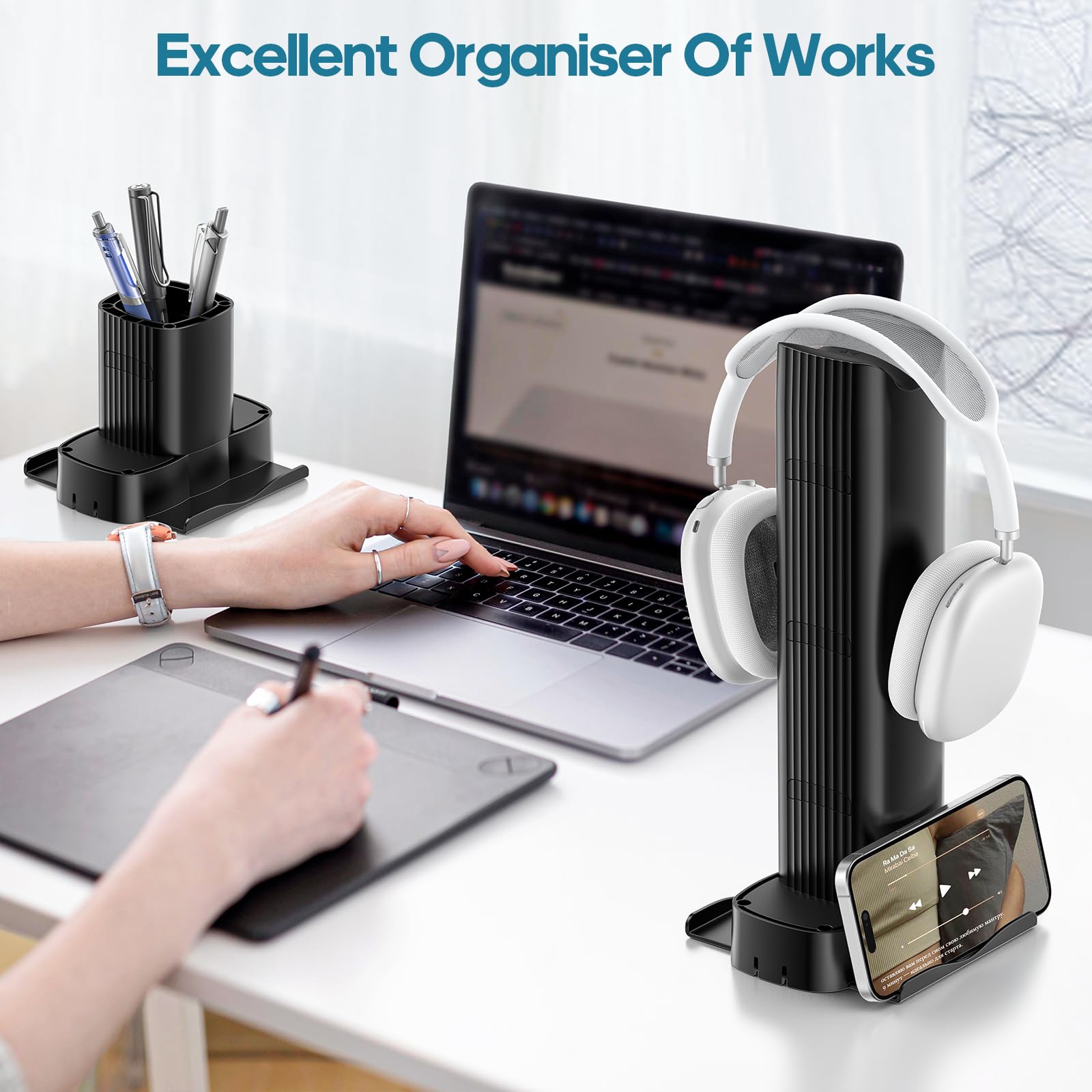 KDD 3-in-1 Headphone Stand with Desk Organizer - Adjustable Headphone Hanger, Phone Stand & Pencil Holder - Removable DIY Pen Organizer - Perfect for Gaming Setup, Home Office & School Workspace Accessories