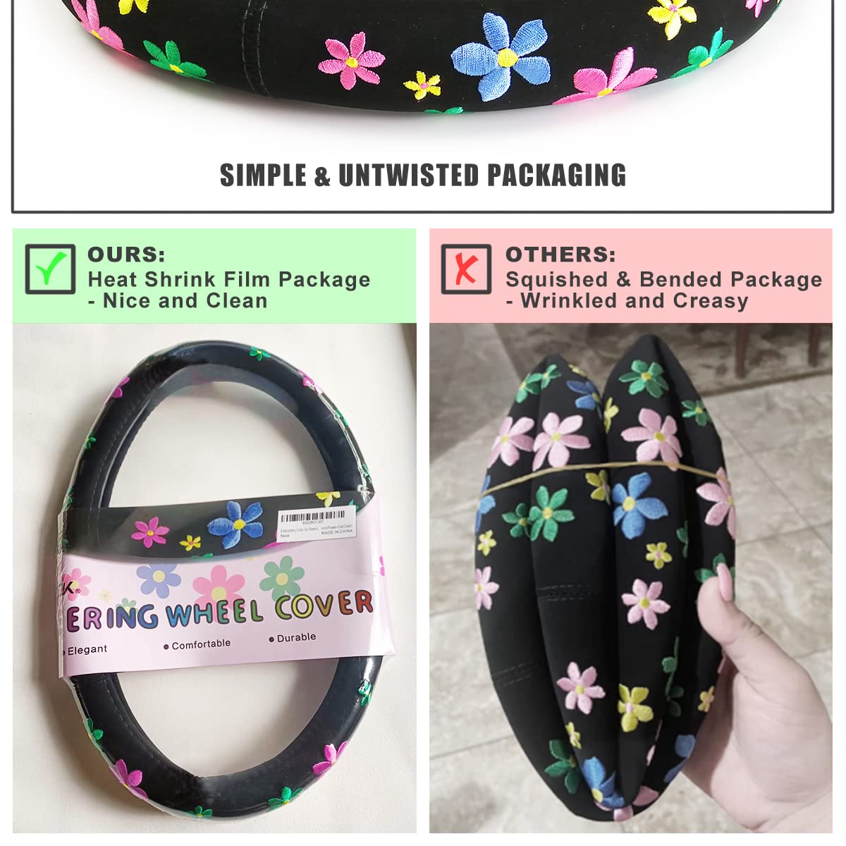Cute Floral Embroidery Car Steering Wheel Cover for Women - Universal 15 Inch Soft Flannel Steering Wheel Protector - Perfect for Daily Commute & Road Trips