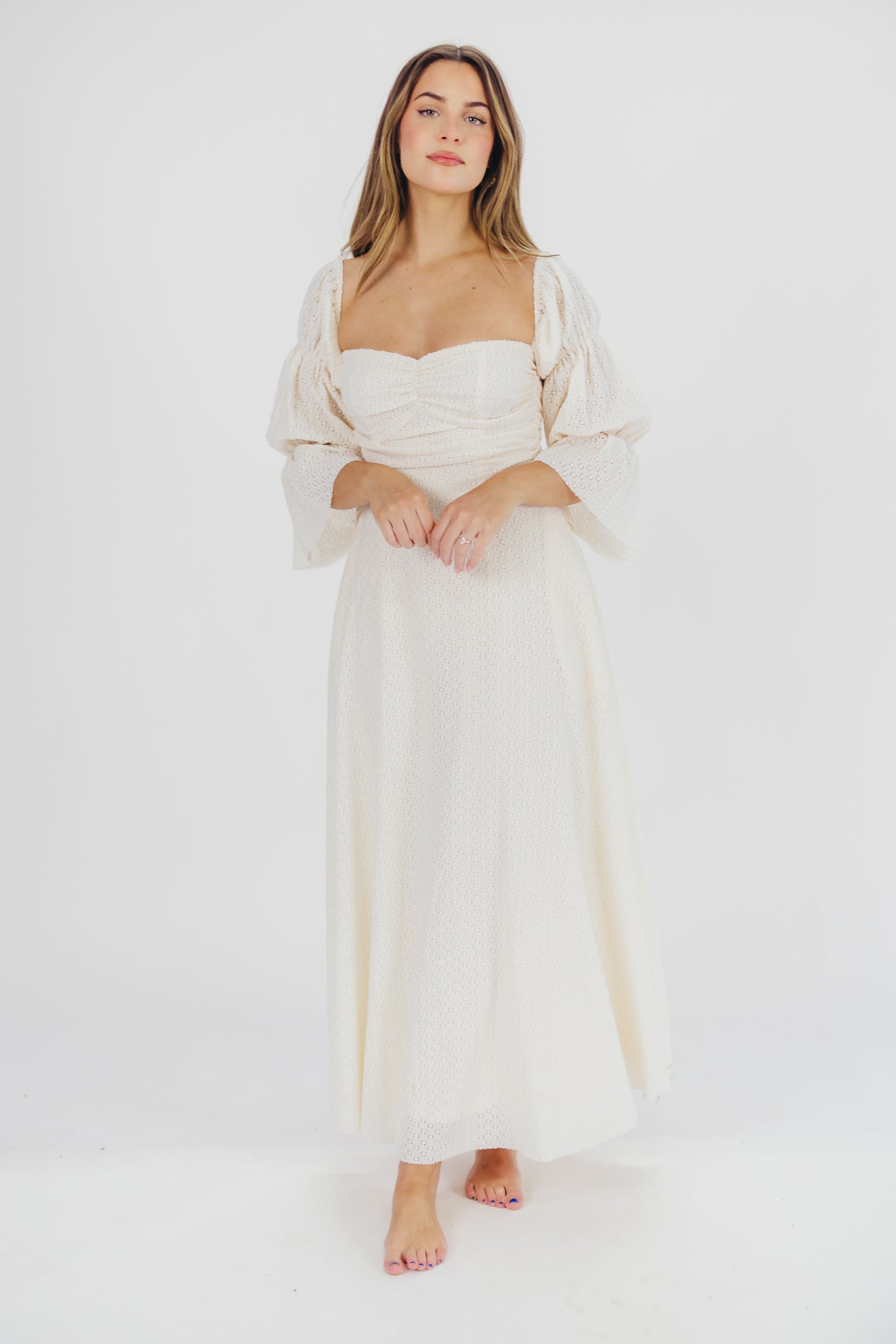 Corrine Tiered Sleeve Maxi Dress with Pockets in Ivory Cream - Bump Friendly Maternity Dress for Pregnancy, Nursing & Postpartum - Perfect for Baby Showers, Beach Vacations & Summer Weddings