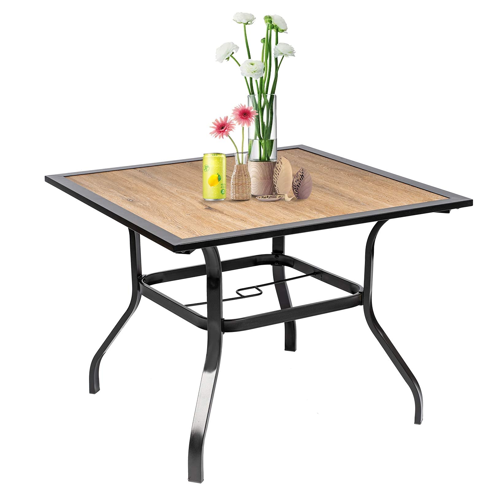 SOLAURA 37-Inch Outdoor Dining Table - Weather-Resistant Wood-Like Tabletop with Sturdy Metal Frame, Umbrella Hole - Perfect for 4-Person Patio, Garden, or Indoor Dining Set (Brown) | Ideal for Backyard BBQs, Poolside Gatherings & Alfresco Meals