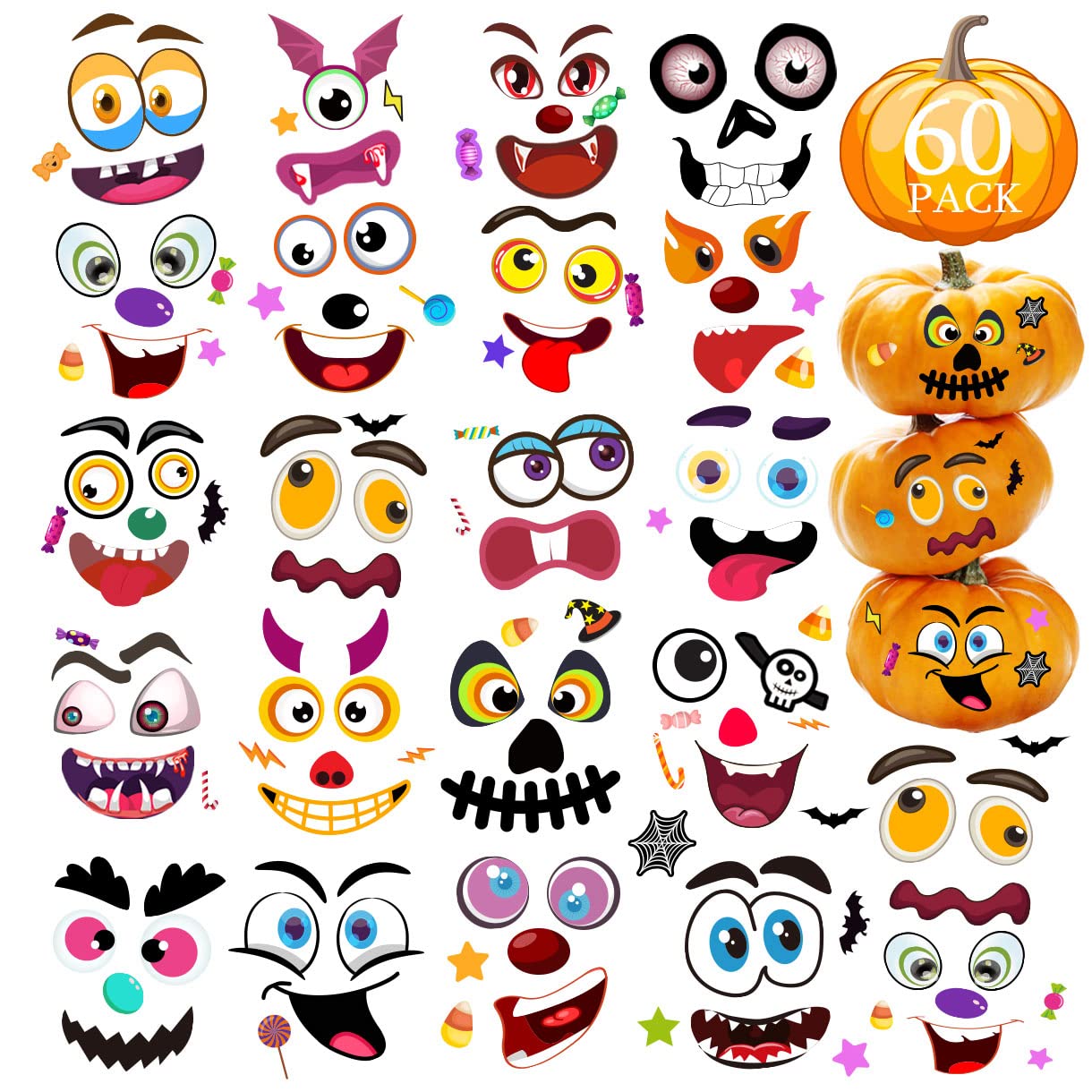 60 Pack Halloween Stickers Pumpkin Decorating Kit - 30 Sheets Pumpkin Stickers for Halloween Crafts, Party Supplies & Kids Party Favors - Perfect for Pumpkin Carving, Classroom Activities & Trick-or-Treat Bags