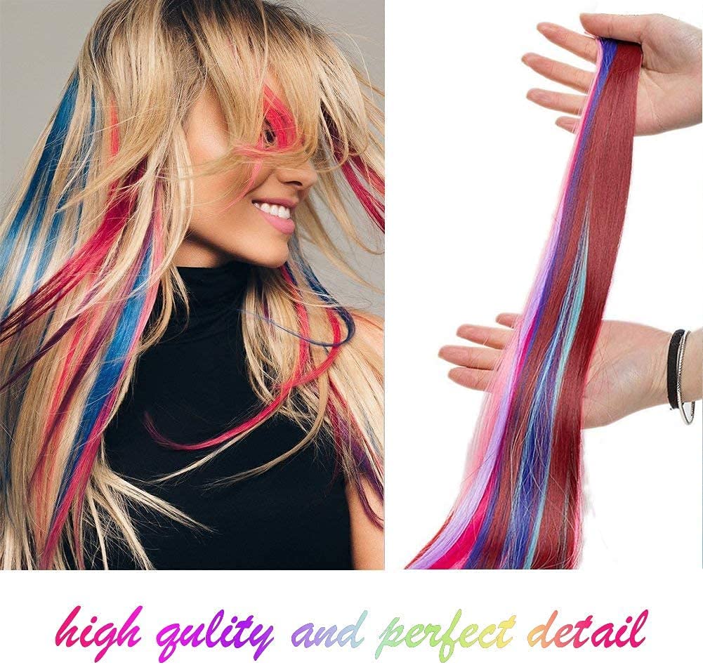 HEAVEN® 2-Piece Synthetic Straight Hair Extensions with Colored Streaks - Wine & Pink Highlights for Women & Girls | Perfect for Parties, Cosplay, and Daily Styling