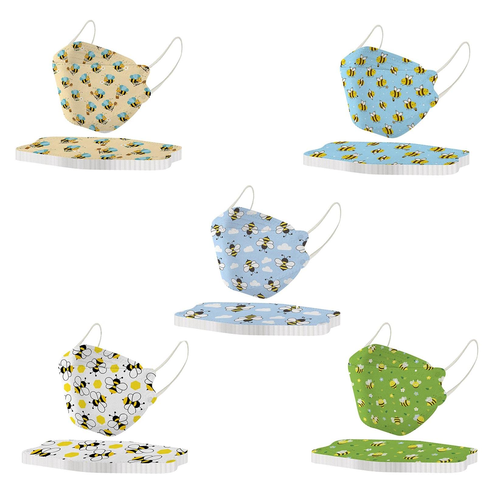 Stylish Kawaii Bee Print KF94 Disposable Face Masks - 4-Ply Fish Shape Design for Full Face Protection - Breathable & Comfortable for Women & Men - Perfect for Daily Commute, Shopping, and Outdoor Activities