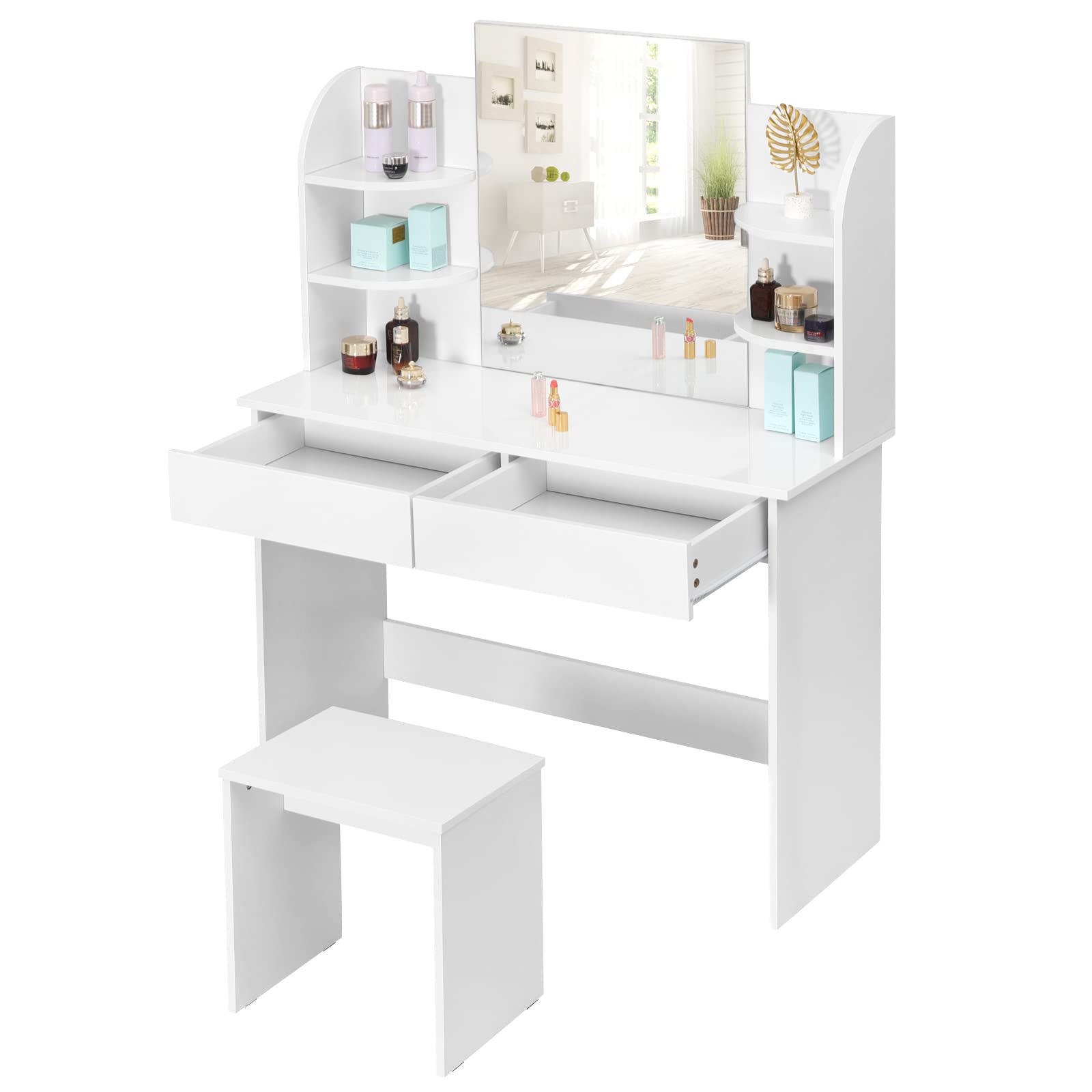 WOLTU Vanity Makeup Dressing Table with Stool, Mirror, 2 Drawers & 4 Shelves, White Glossy Finish (108x40x142cm) - Perfect for Bedroom, Dorm, Apartment & Beauty Salon Organization (Model MB6044ws)