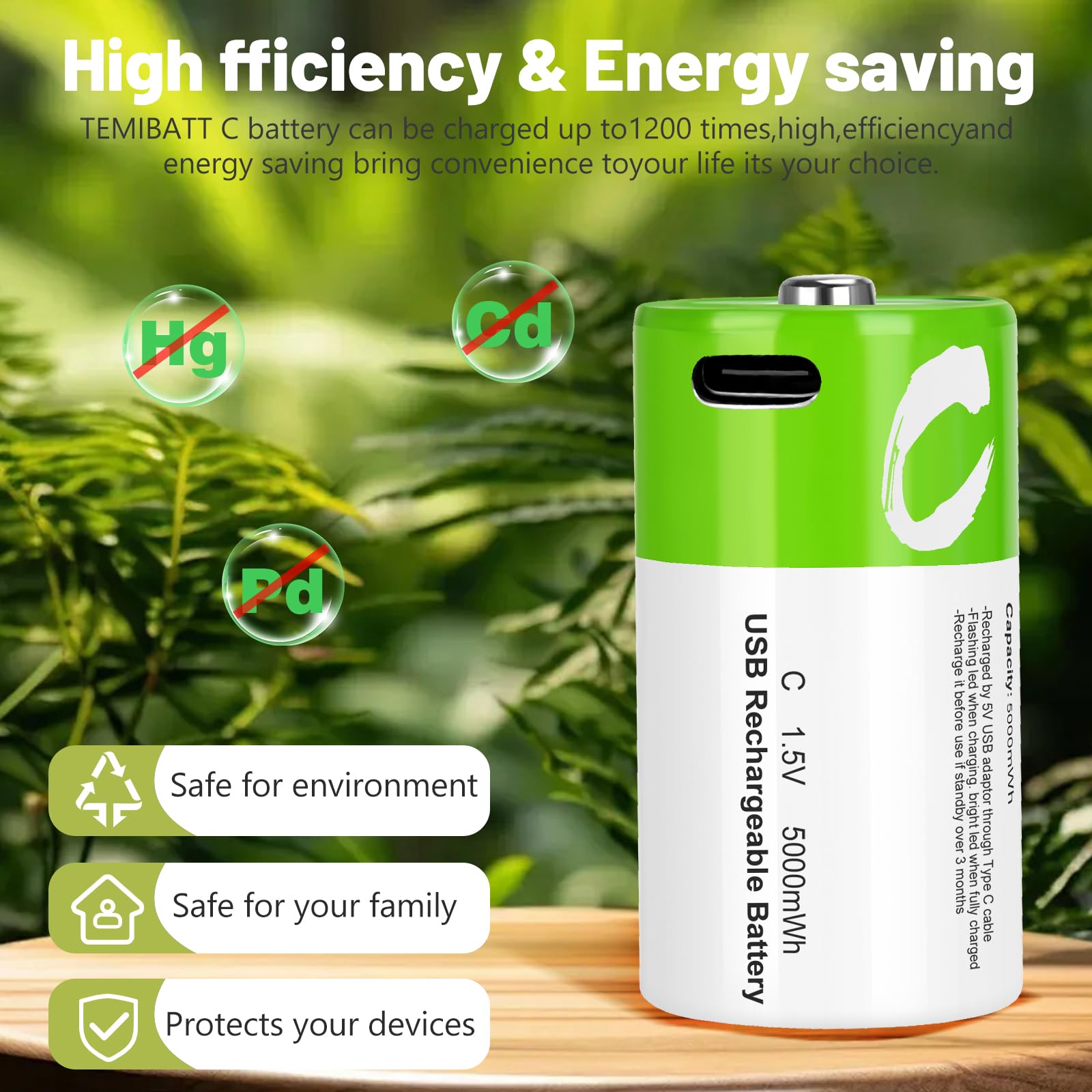 8 Pack Rechargeable C Batteries with USB 4-in-1 Cable - 5000mWh 1.5V Lithium LR14 Batteries for Floodlights, Flashlights & Emergency Power - Long Lasting Li-ion Battery for Home & Outdoor Use
