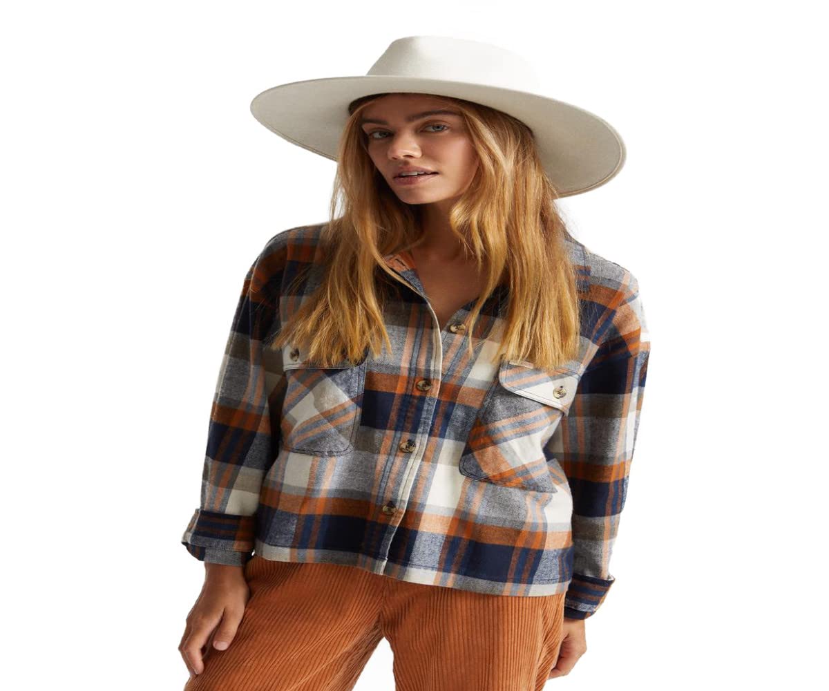 Brixton Women's Bowery Long Sleeve Flannel Shirt - Joe Blue/Off White Plaid - Casual Fall & Winter Fashion for Outdoor Activities and Layering
