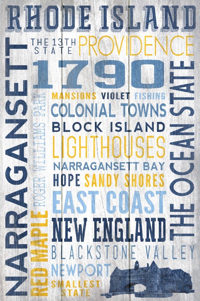 Rhode Island Rustic Typography Art Print - Narragansett Tower 74544 Wall Decor (24x36 Signed Poster) for Living Room, Bedroom & Office