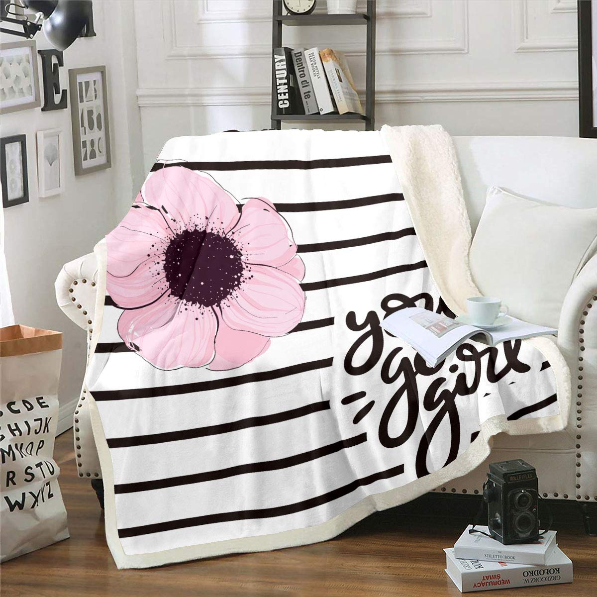 Premium Sherpa Fleece Blanket - White & Black Striped with Pink Floral Design - Soft Cozy Throw for Kids, Adults - Queen Size 90x90 Inches - Perfect for Bedroom, Living Room, Sofa & Home Decor