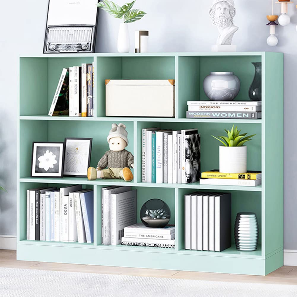 IOTXY 3-Tier Open Shelf Bookcase - Wooden Floor Standing Display Cabinet with 8 Cubes, Short Horizontal Bookshelf Organizer in Tiffany Green for Living Room, Bedroom & Office Storage