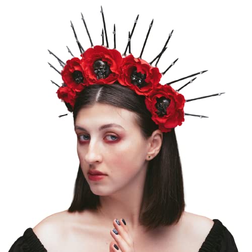 Gothic Crown for Women - Black & Red Floral Crystal Spike Halo Headpiece - Skull Vampire Halloween Costume Accessory - Perfect for Day of the Dead, Cosplay, Gothic Parties & Dark Fashion