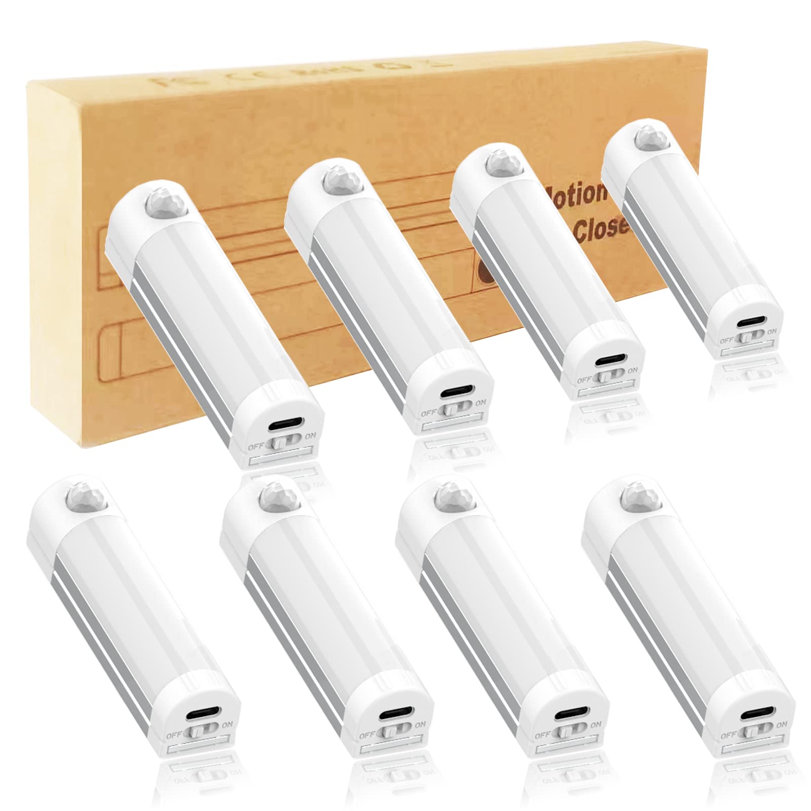 BeeGirl Rechargeable Motion Sensor Under Cabinet LED Strip Lights - Wireless Battery Operated Kitchen Lighting, Magnetic Closet Light for Wardrobe, Pantry, Bookshelf (8 Pack, 2.8 inches) - Perfect for Nighttime Safety & Dark Space Illumination