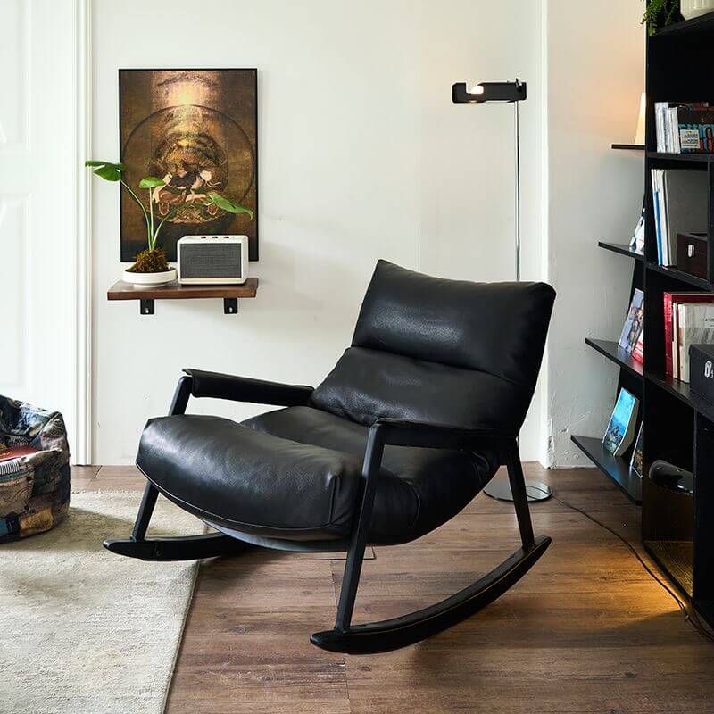 Midnight Black Minimalist Upholstered Indoor Rocking Chair with Cushioned Seat and Track Arm - Perfect for Nursery, Living Room & Reading Nook