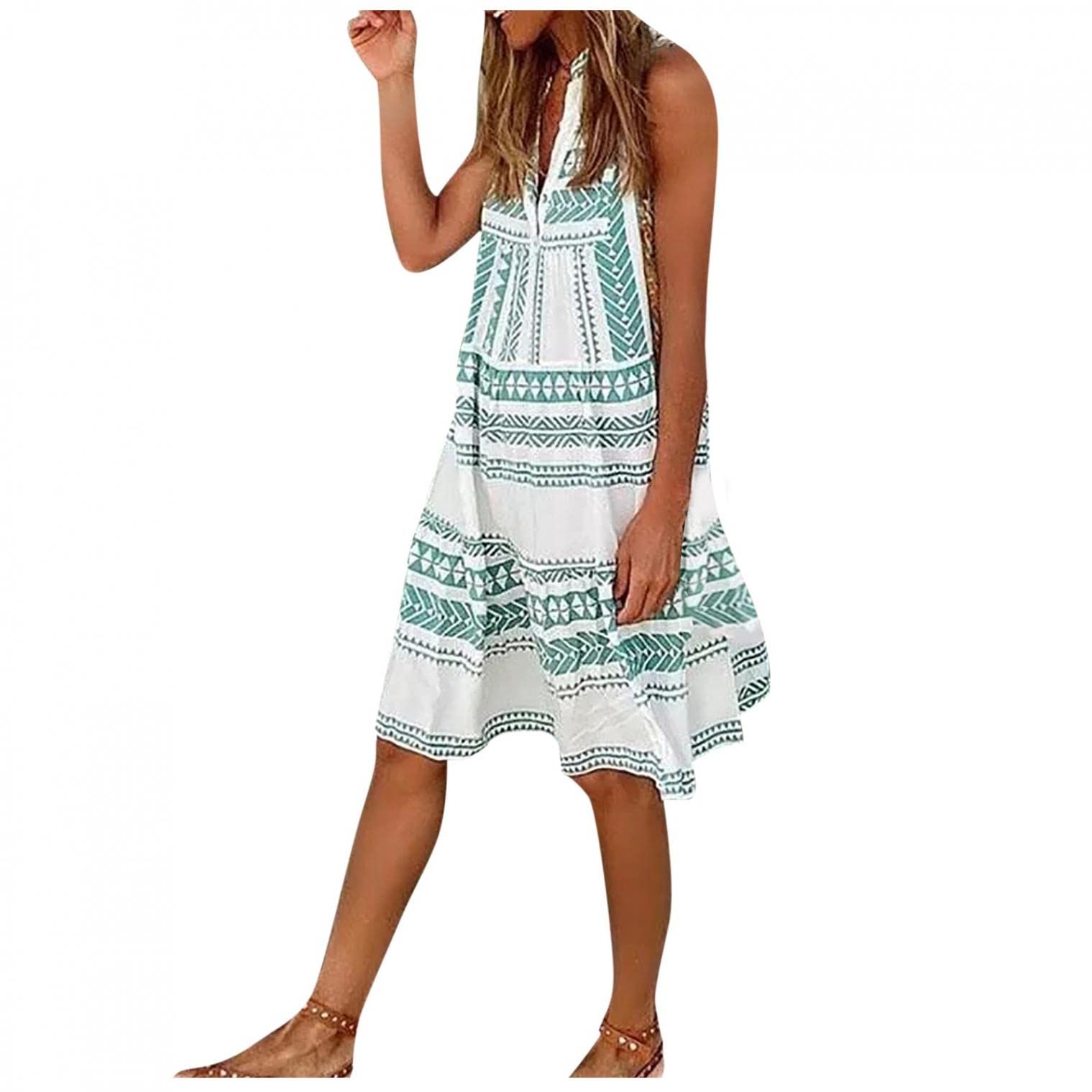 Women's Casual Floral V-Neck Sleeveless Ruffle Boho Mini Dress for Spring Summer | Flowy Babydoll Beach Dress for Vacation, Date Night & Outdoor Parties