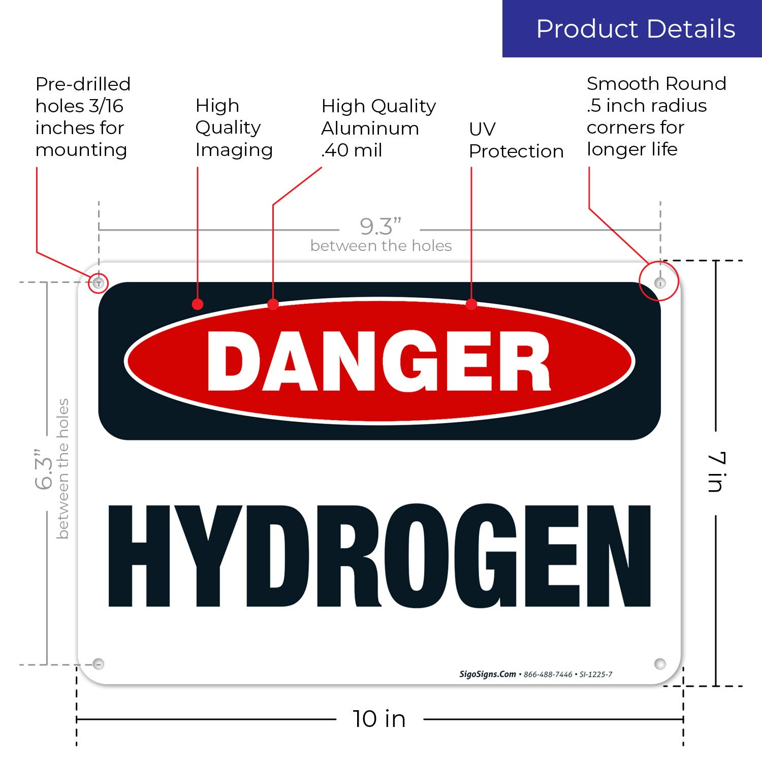 Danger Hydrogen Sign - OSHA Compliant 10x7 Inches Rust-Free .040 Aluminum Safety Sign, Fade Resistant for Indoor & Outdoor Use - Made in USA | Ideal for Laboratories, Industrial Facilities & Hazardous Material Storage Areas