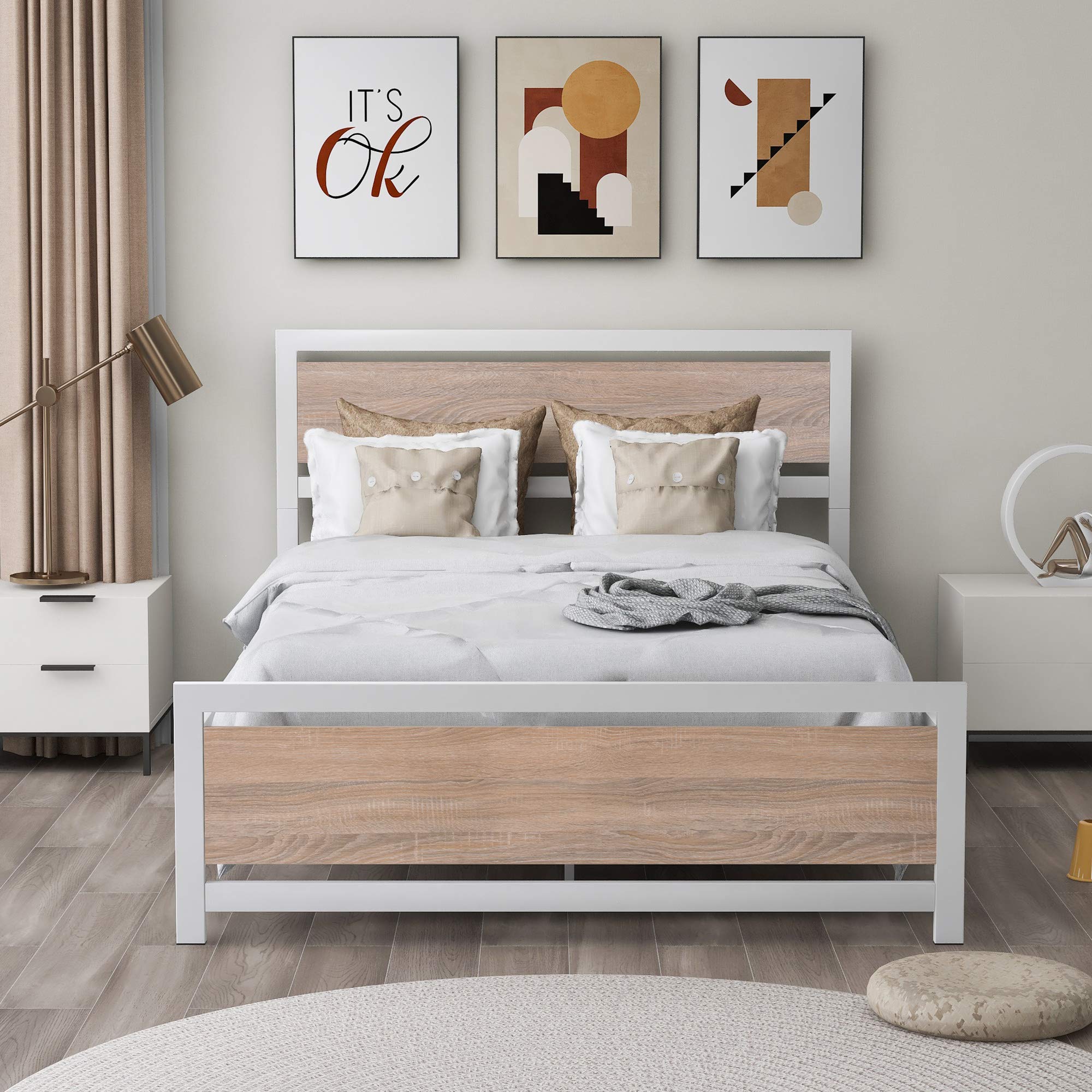 Metal Wood Platform Bed Frame with Headboard - Full Size for Kids Teens - No Box Spring Needed (White+Brown) for Bedroom & Guest Room